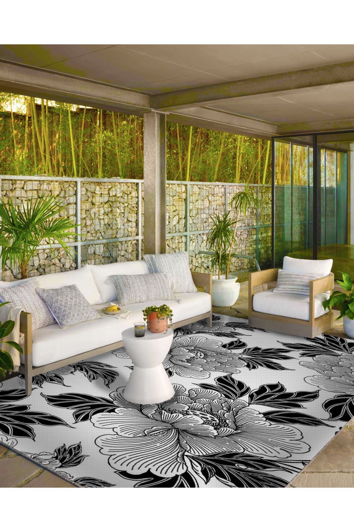 Beyaz Temalı Karakalem Floral Temalı Desenli Dokuma Taban Halı ve Yıkanabilir Halı miravip9933