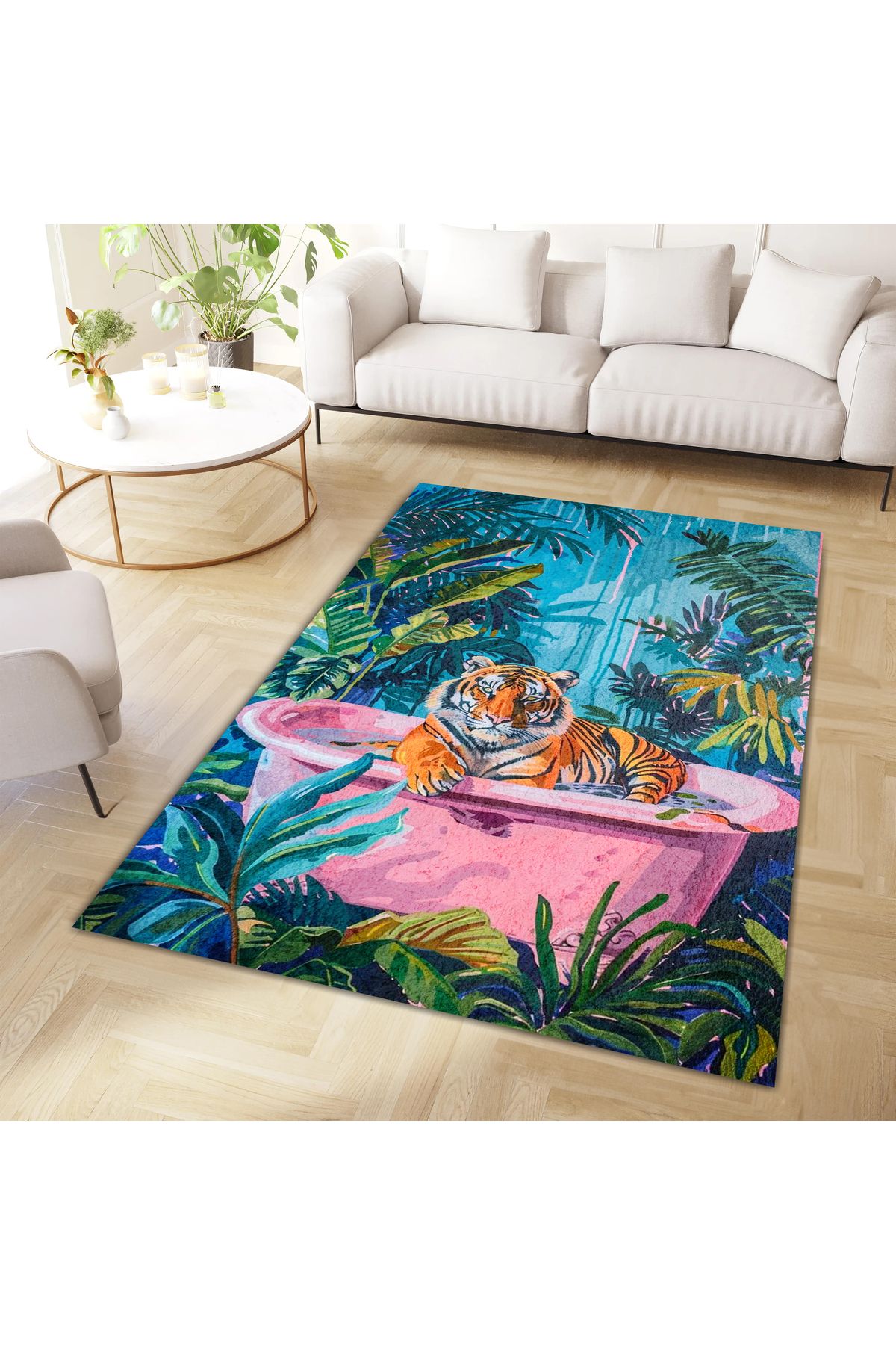 Kuzey Koleksiyonu Doğa Temalı Pembe Küvette Kaplan Desenli Dokuma Taban Dekoratif Halı kuzey38