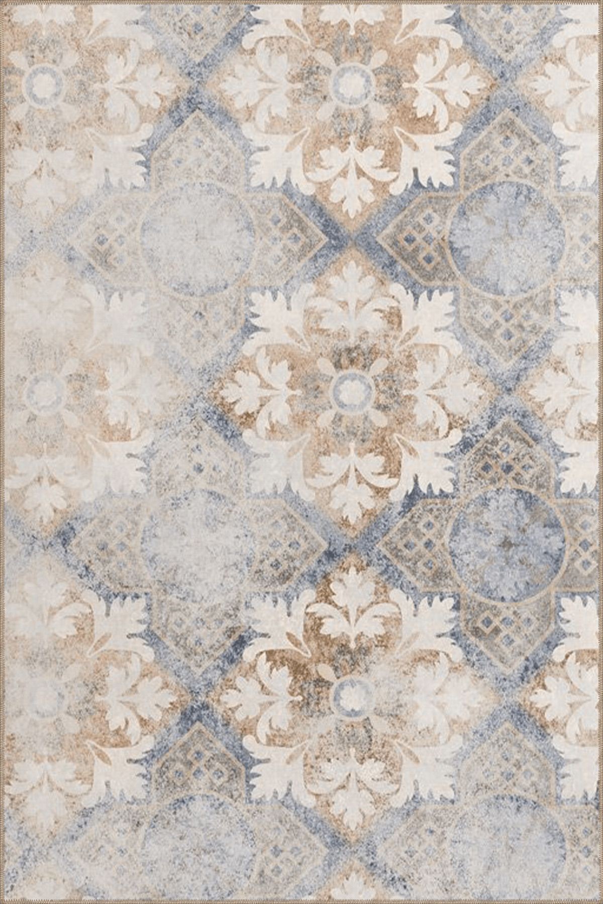 Bej Mavi Temalı Soyut Motifli Çiçek Desenli Modern Dekoratif Halı 4923