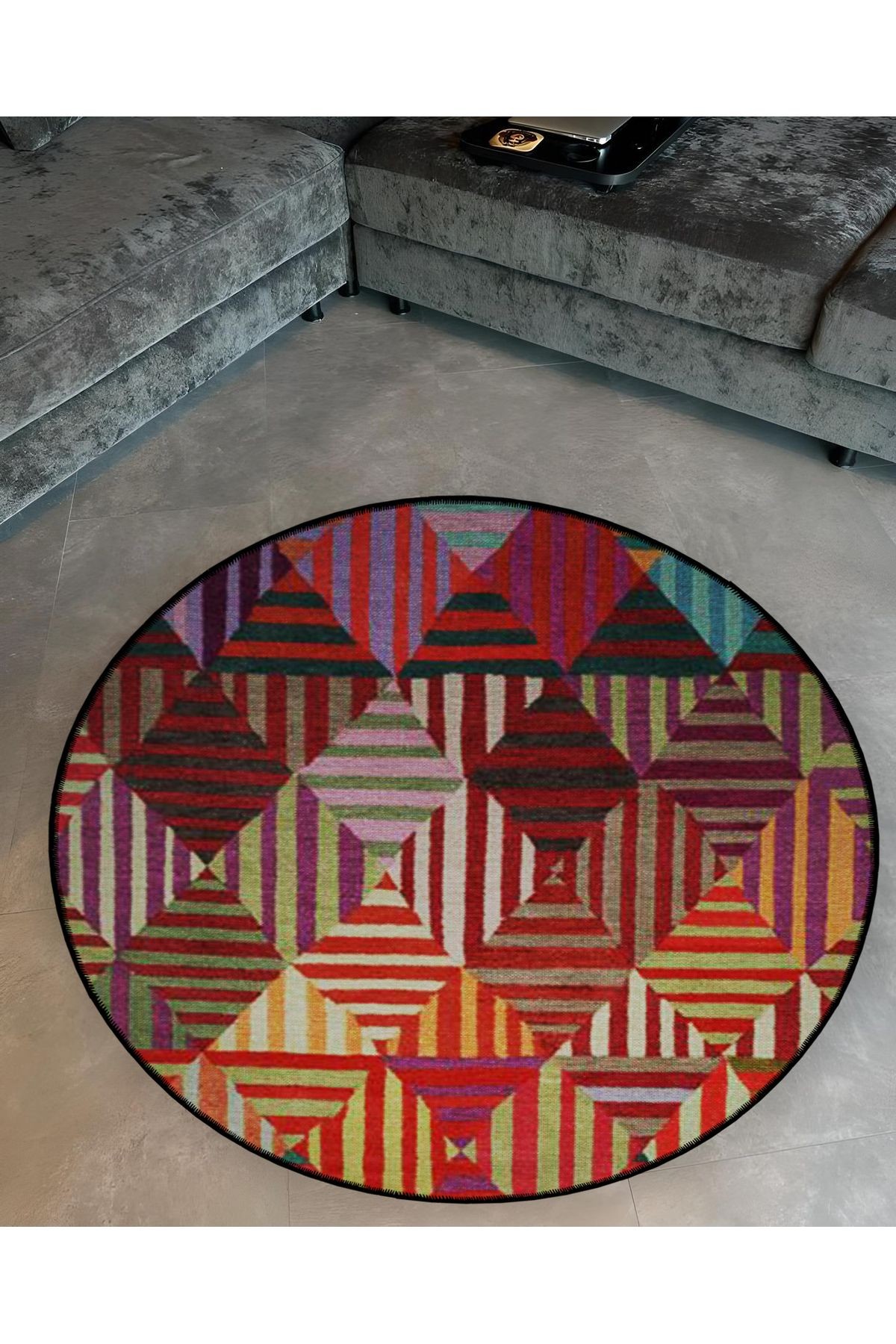 Çok Renkli Geometrik Desenli Yuvarlak Dokuma Taban Modern Dekoratif Halı 6131