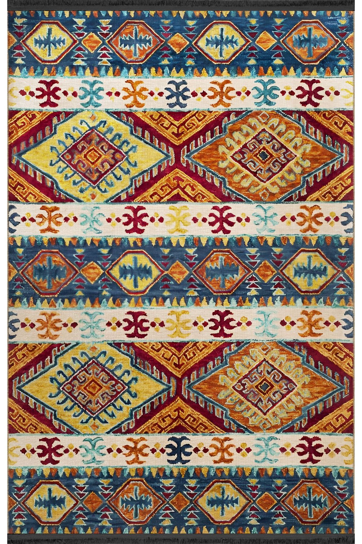 Mavi Sarı Temalı Geleneksel Motif Etnik Desenli Vintage Dekoratif Halı 1923