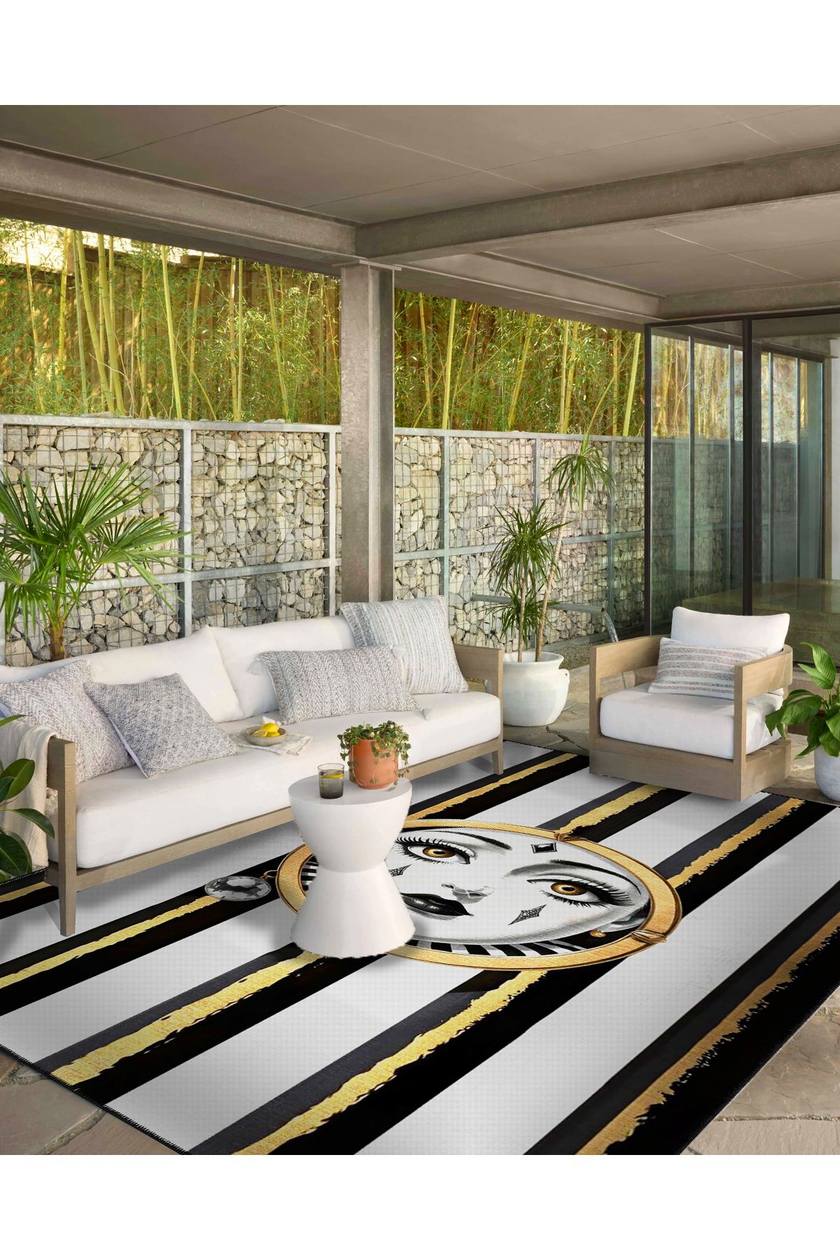 Siyah Beyaz Çizgi Temalı Gold Yüz Desenli Dokuma Taban Halı ve Yıkanabilir Halı miraface05