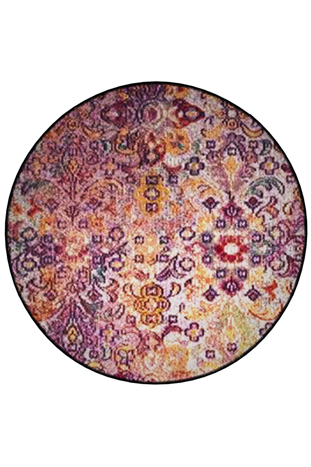 Çok Renkli Etnik Motif  Desenli Yuvarlak Dokuma Taban Vintage Dekoratif Halı 6156
