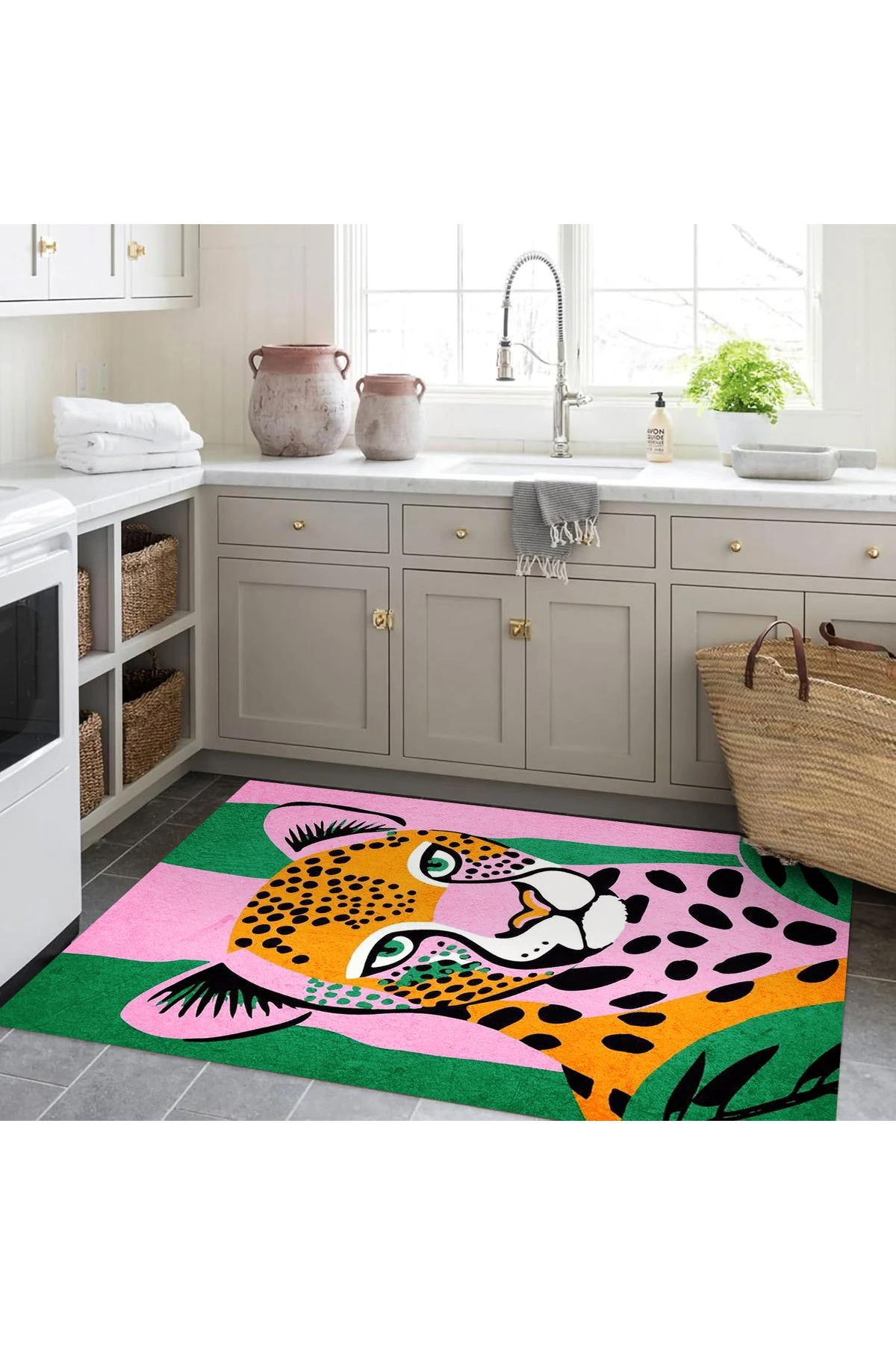 Kuzey Koleksiyonu Yeşil Pembe Leopar Dokuma Taban Dekoratif Halı kuzey22