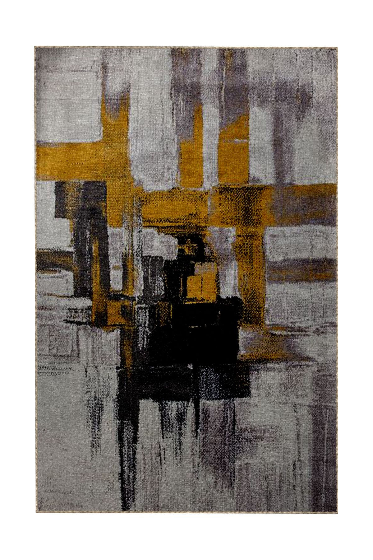 Gri Sarı Temalı Geometrik Soyut Desenli Modern Dekoratif Halı 5302