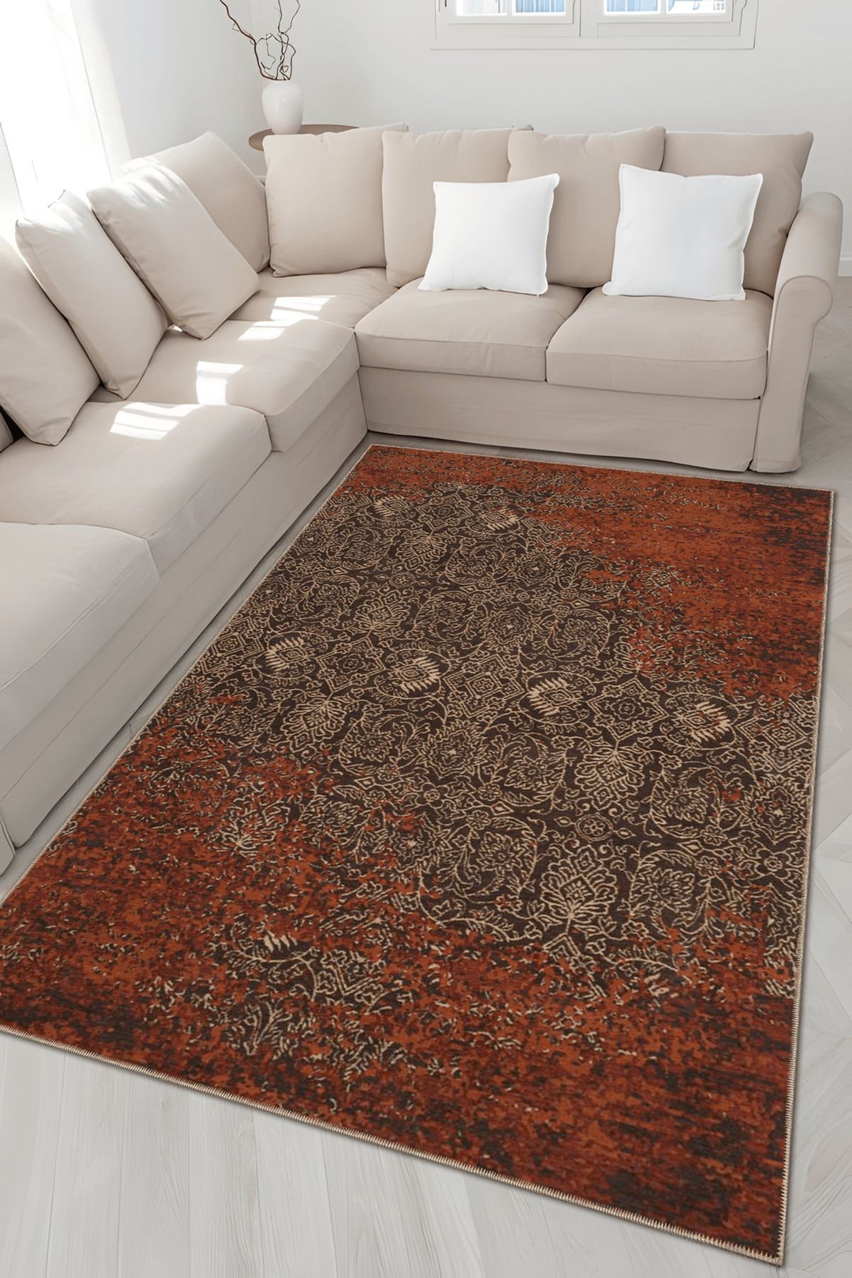 Kahverengi Bej Temalı Soyut Motifli Etnik Desenli Vintage Dekoratif Halı 4855