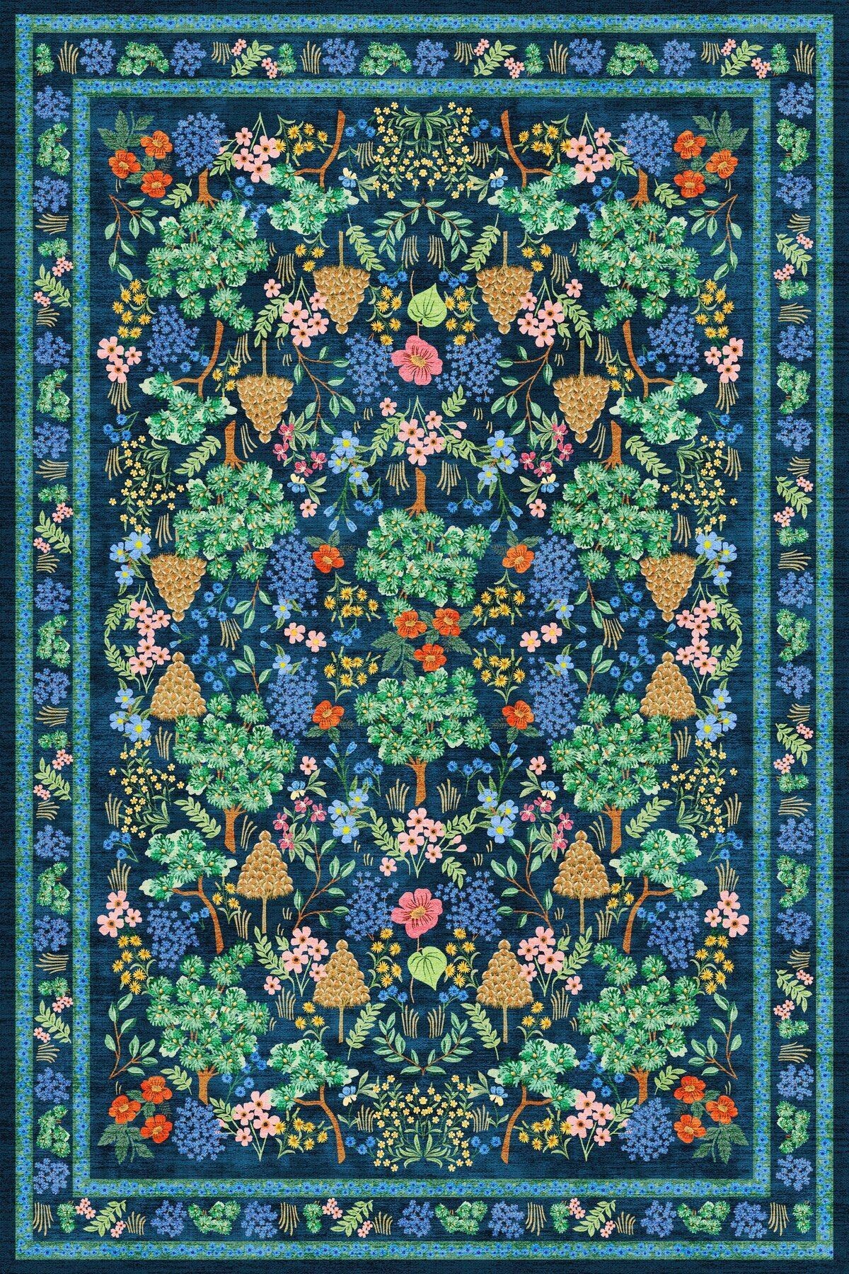 Floral Mira Lacivert Yeşil Pastel Ağaç Ve Botanik Desenli Renkli Dokuma Taban Halı Mira 1311