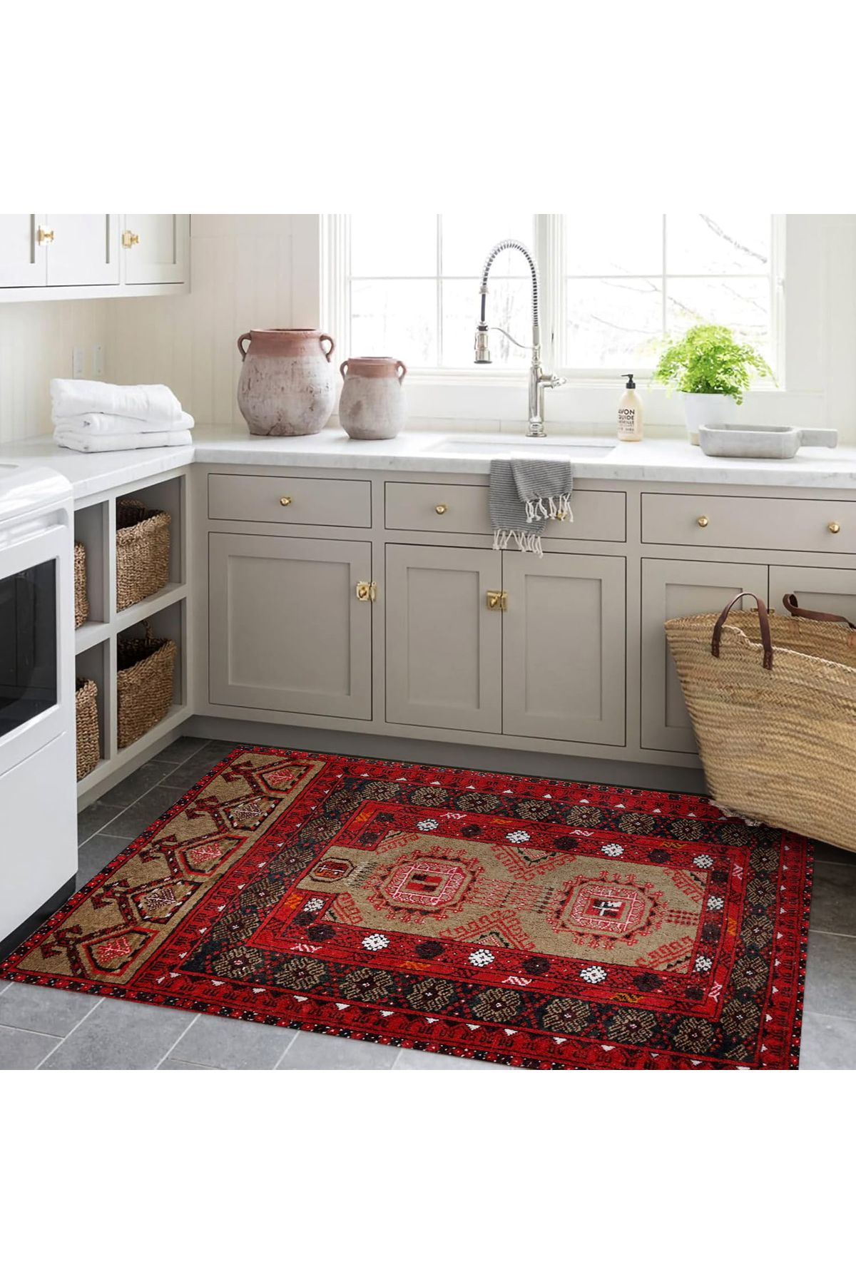 Mete Koleksiyonu Kahve ve Kırmızı Temalı Geleneksel Motifli Etnik Desenli Vintage Dekoratif Halı 26