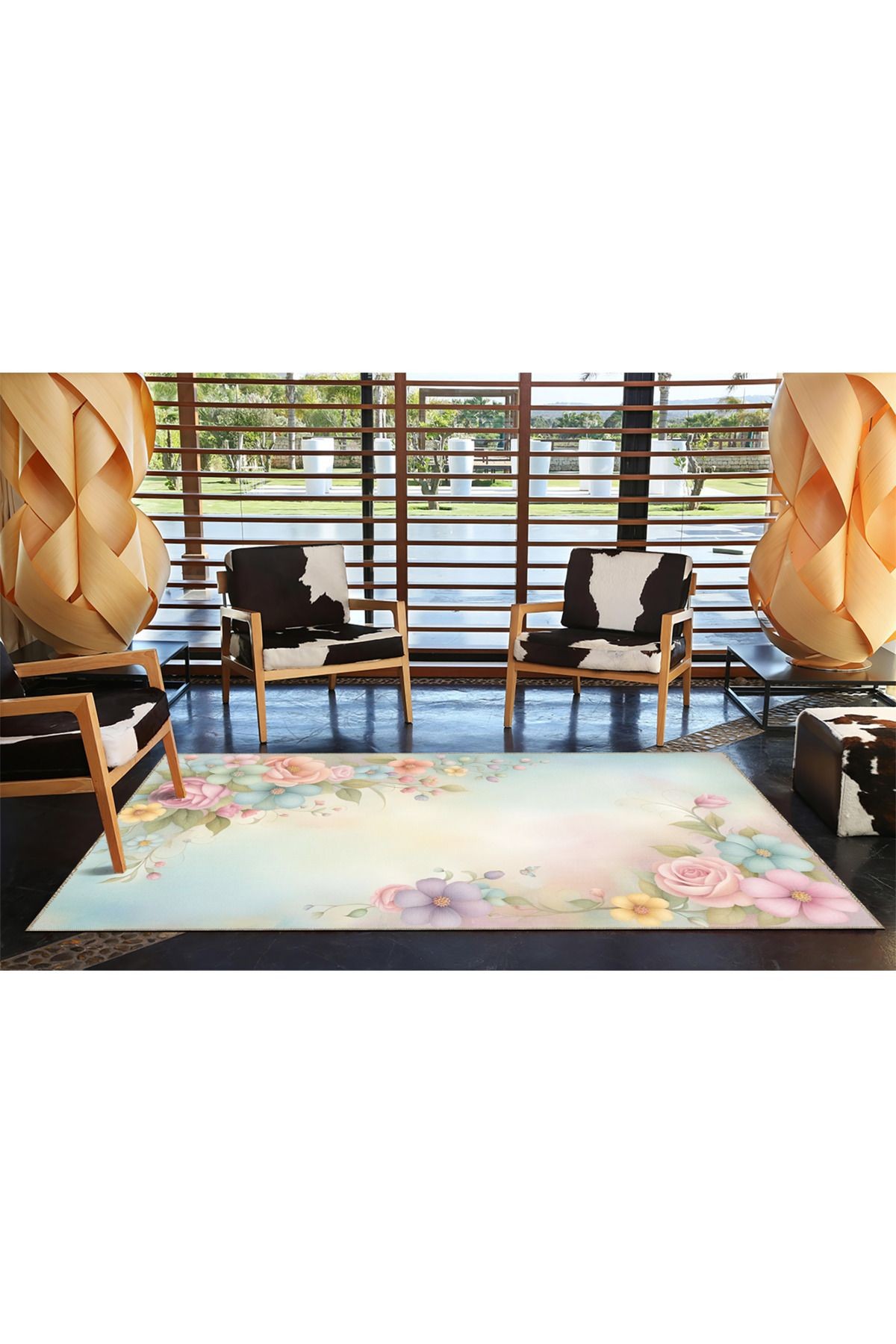 Açık Ton Çok Renkli Floral Çiçek ve Gül Desenli Modern Dekoratif Halı 3646