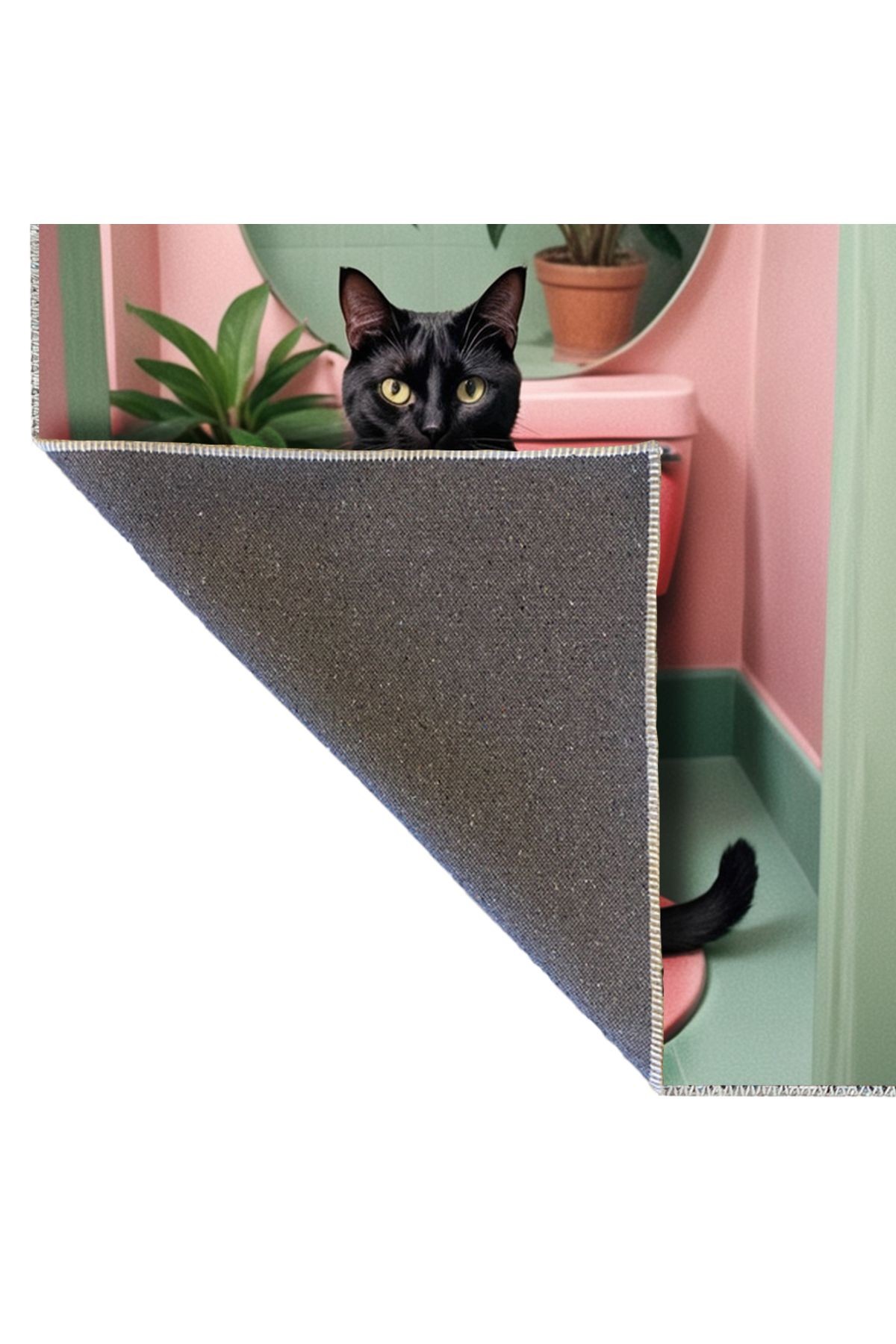 Buse Koleksiyonu Banyoda Gazete Okuyan Siyah Kedi Desenli Dokuma Taban Modern Dekoratif Halı buse35