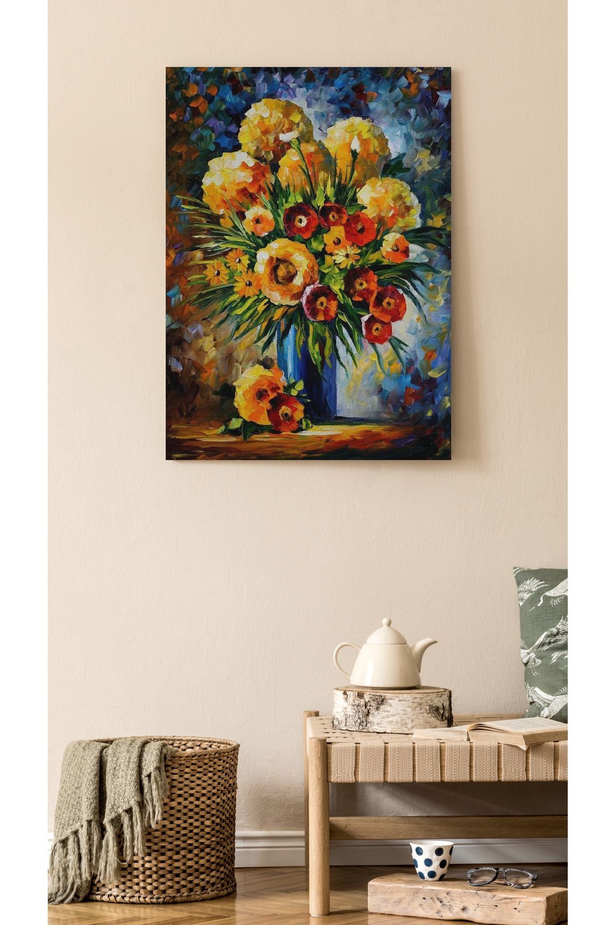 Kanvas Tablo Sarı Vazo Çiçekli Modern Desenli Renkli Temalı Modern Tablo
