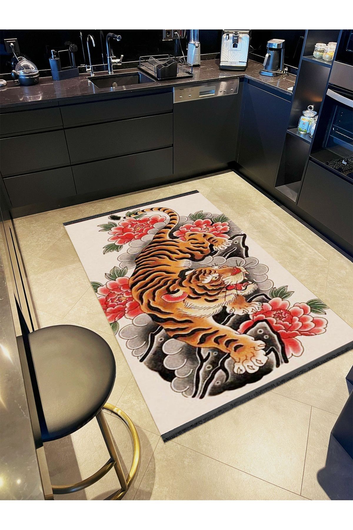 İnci Koleksiyonu Pudra Temalı Kaplan ve Çiçek Desenli Dokuma Taban Modern Dekoratif Halı inci29
