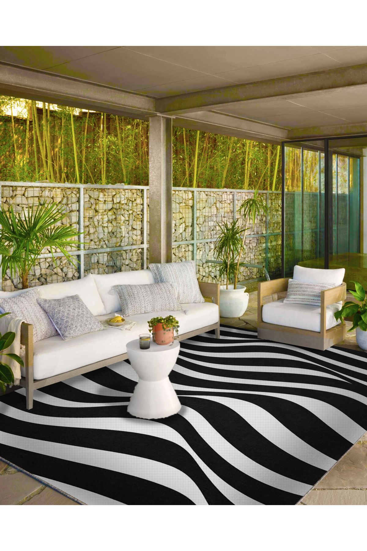 Siyah Beyaz Dalgalı Temalı Dekoratif Halı ve Yıkanabilir Halı miravip9750