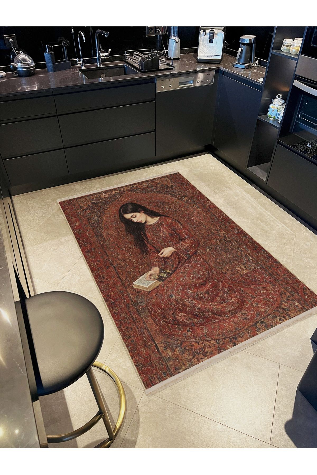 Semih Koleksiyonu Koyu Geleneksel Motifli Kadın Figürü Desen Dokuma Taban Vintage Dekoratif Halı 28
