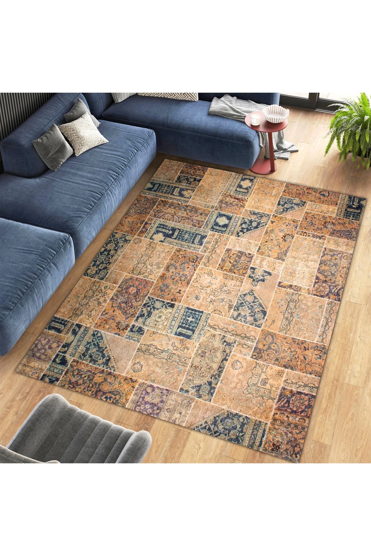 Cansu Koleksiyonu Patchwork Görünümlü Etnik Desen Detaylı Dokuma Taban Modern Dekoratif Halı cansu03