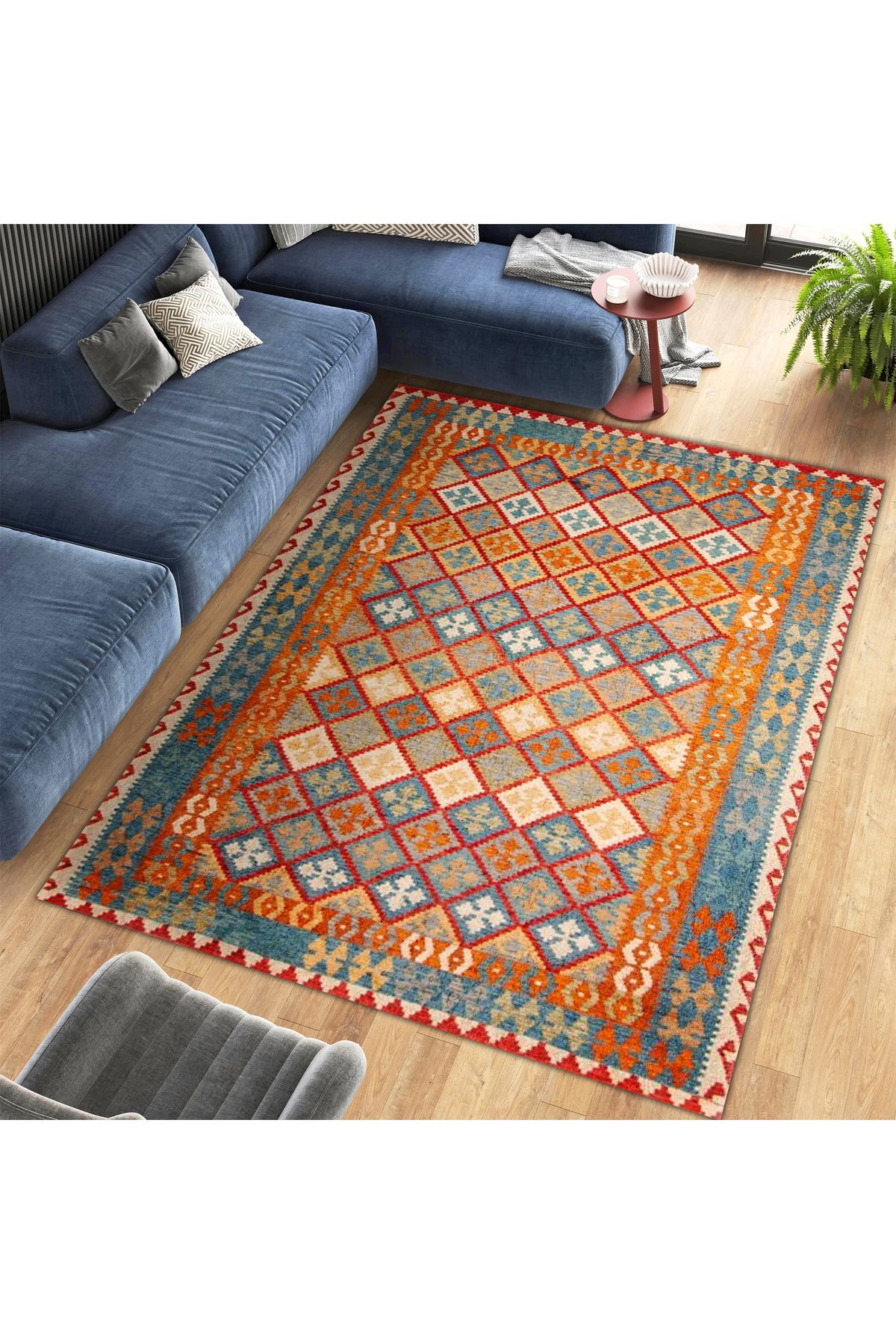 Aysu Koleksiyonu Turuncu Detaylı Etnik Desenli Dokuma Taban Modern Dekoratif Halı aysu23