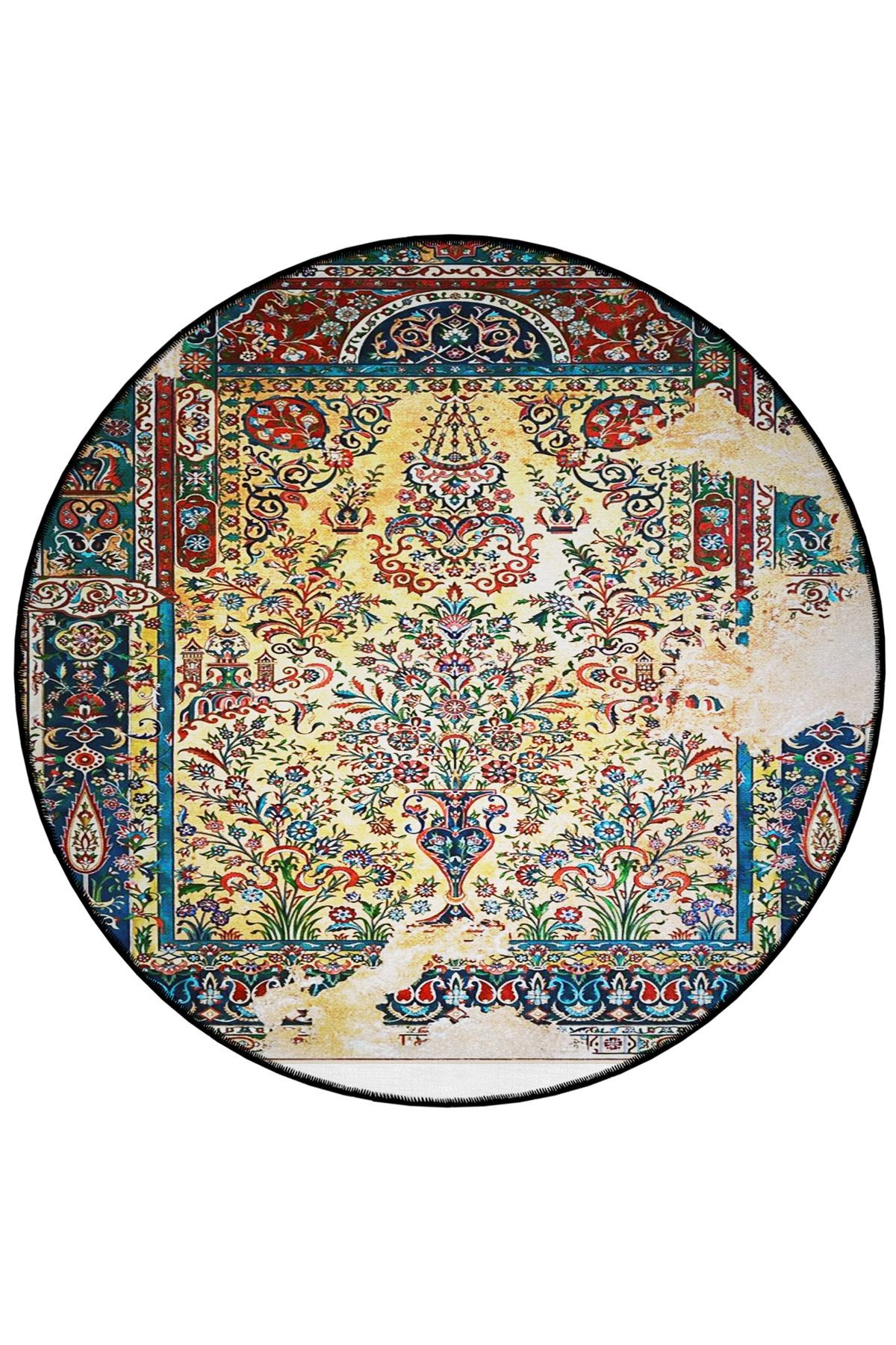 Çok Renkli Soyut Geleneksel Desenli Yuvarlak Dokuma Taban Vintage Dekoratif Halı 6142