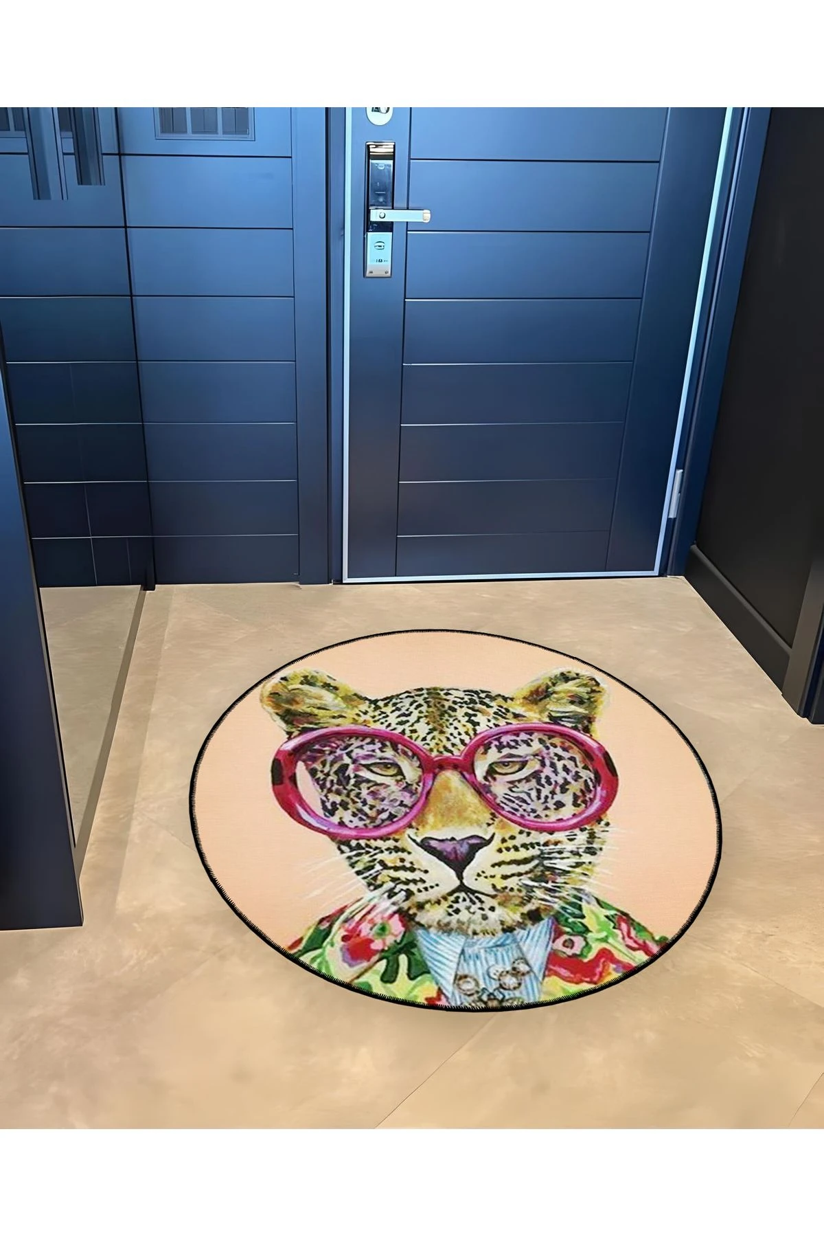 Mira Yuvarlak Pembe Gözlüklü Kaplan Detaylı Dokuma Taban Modern Dekoratif Halı 5539