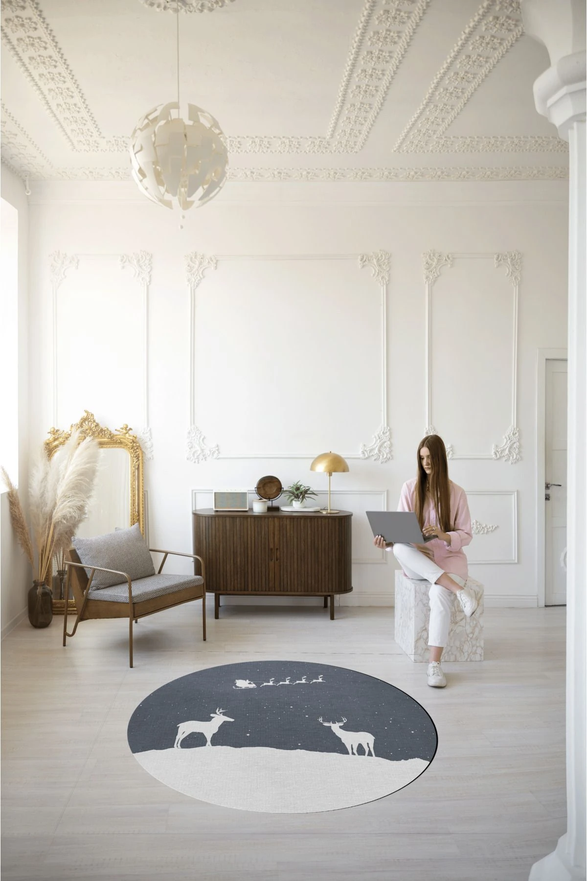 Mavi Yılbaşı Temalı Sürrealist Ay Geyik Desenli Modern Dokuma Taban Yuvarlak Dekoratif Halı 2248