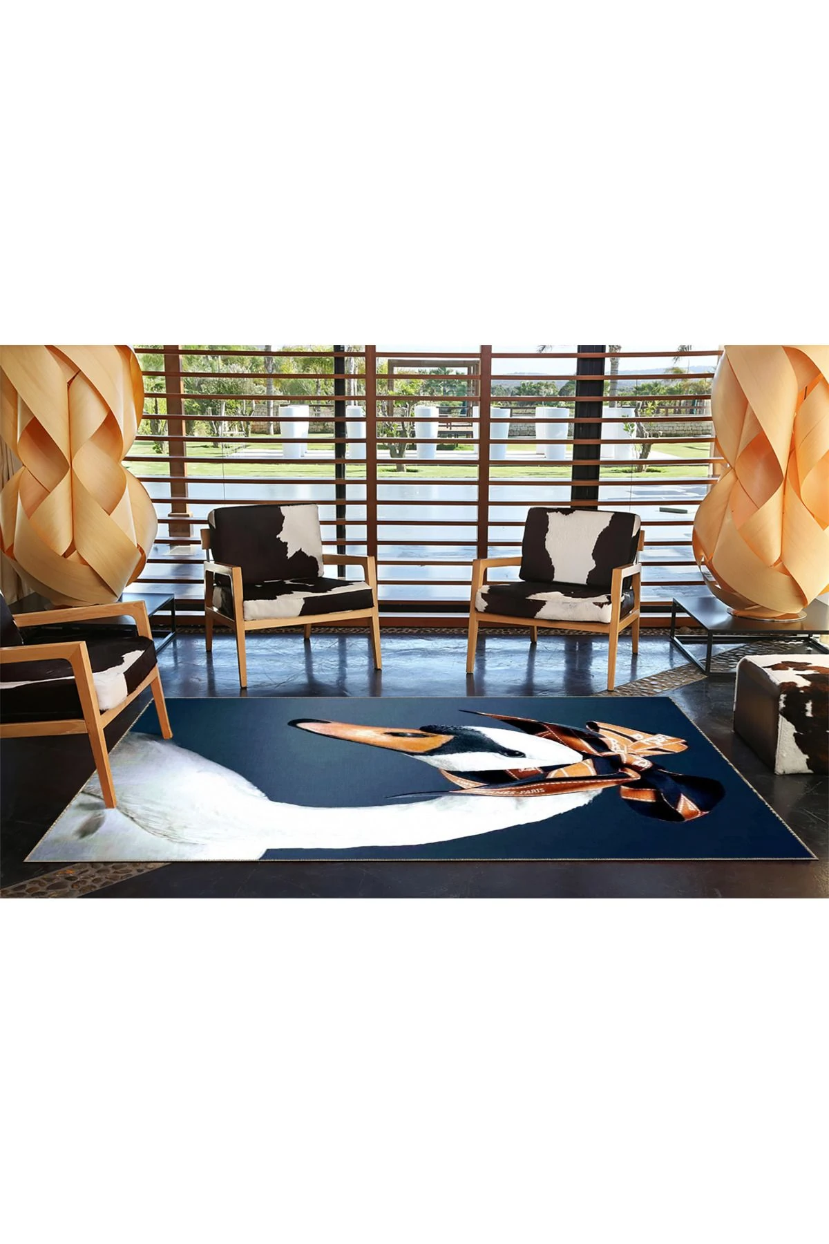 Mavi Tonlarda Beyaz Örtülü Kuğu Hayvan Desenli Dekoratif Halı miravip719