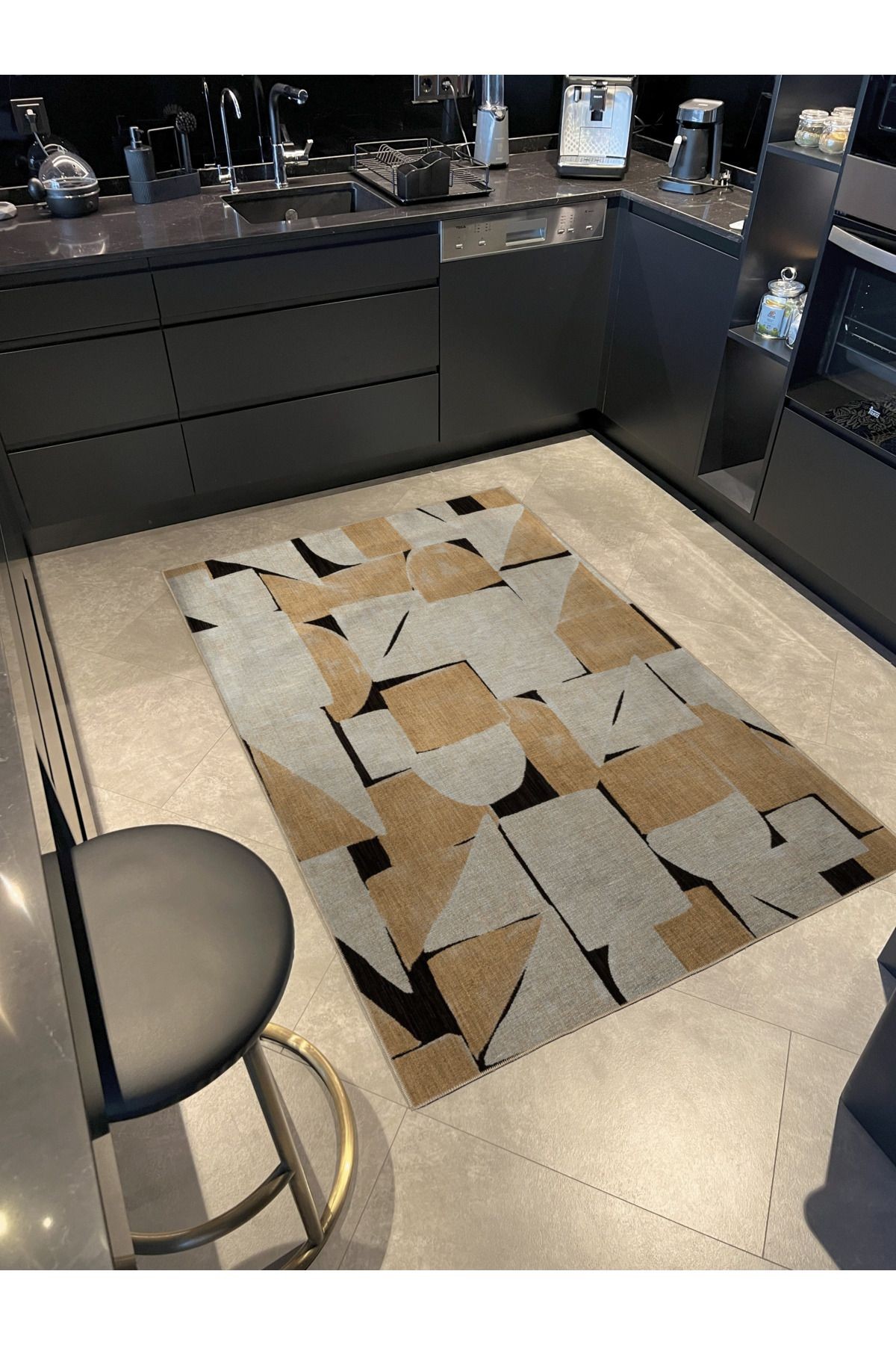 Siyah Bej Temalı Soyut Geometrik Desenli Kreatif Modern Dekoratif Halı 3128