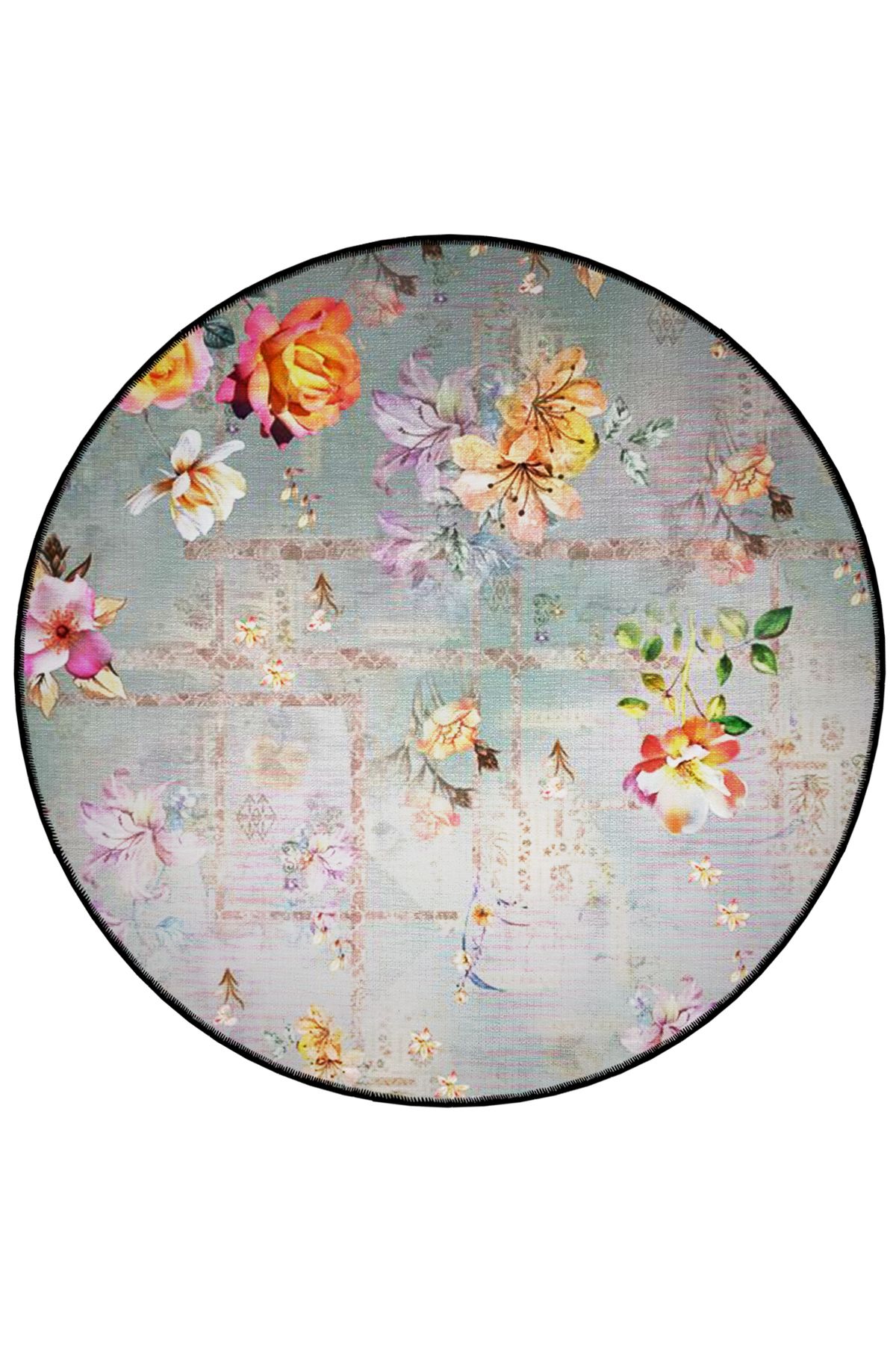 Gri Temalı Çiçekli Desenli Yuvarlak Dokuma Taban Vintage Dekoratif Halı 6195