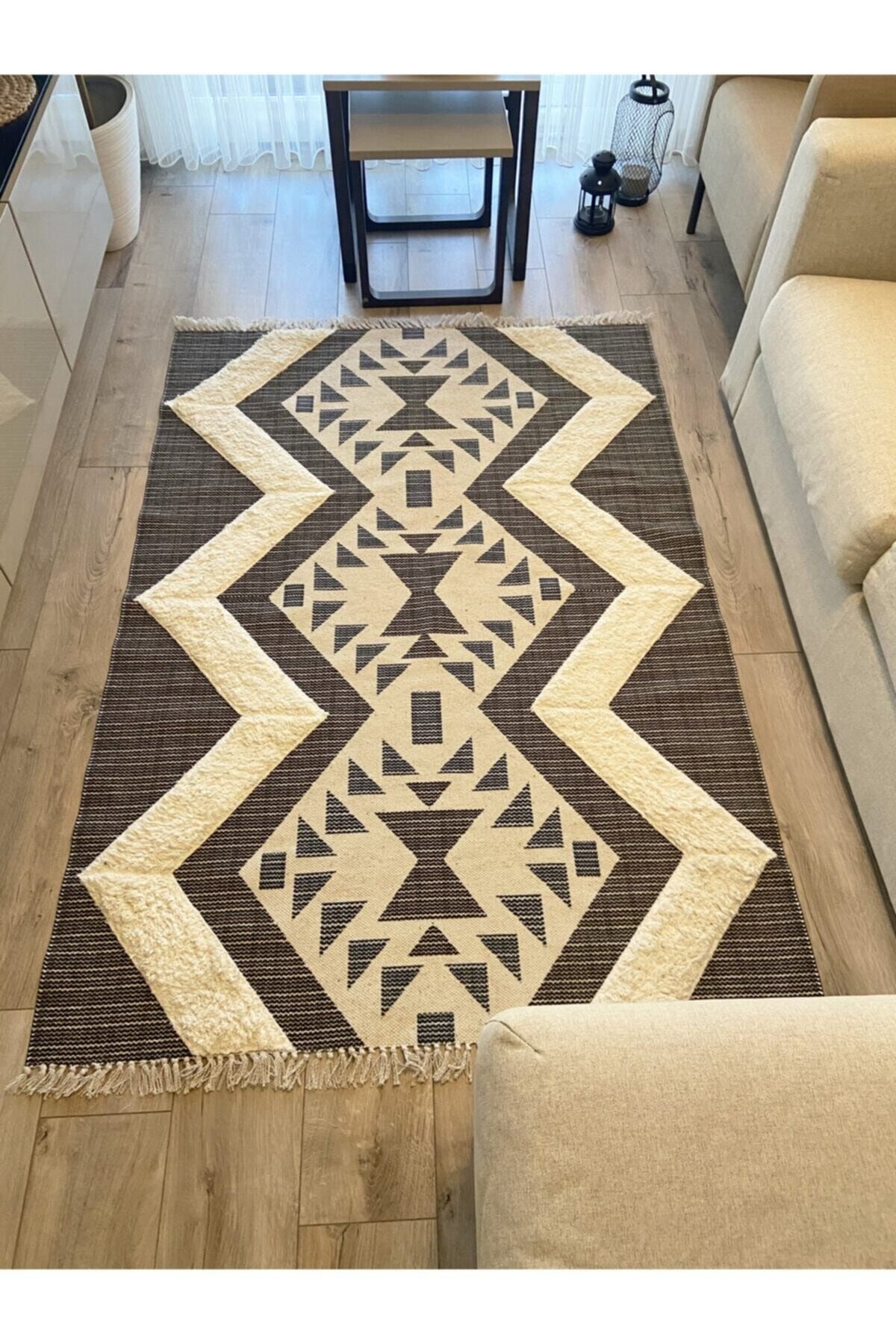 Rustik 4015 Gri Lacivert Çizgili Bohem Kilim