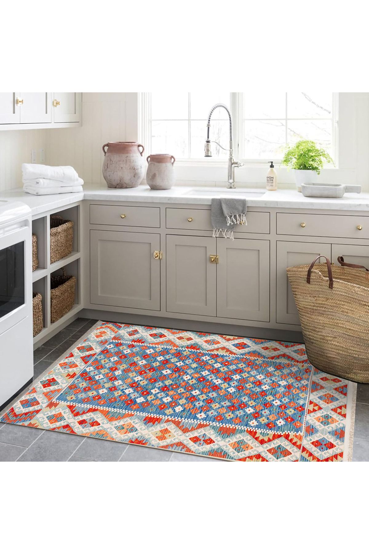 Güney Koleksiyonu Mavi Kırmızı Tema Etnik Motifli ve Geleneksel Desenli Vintage Dekoratif Halı 42