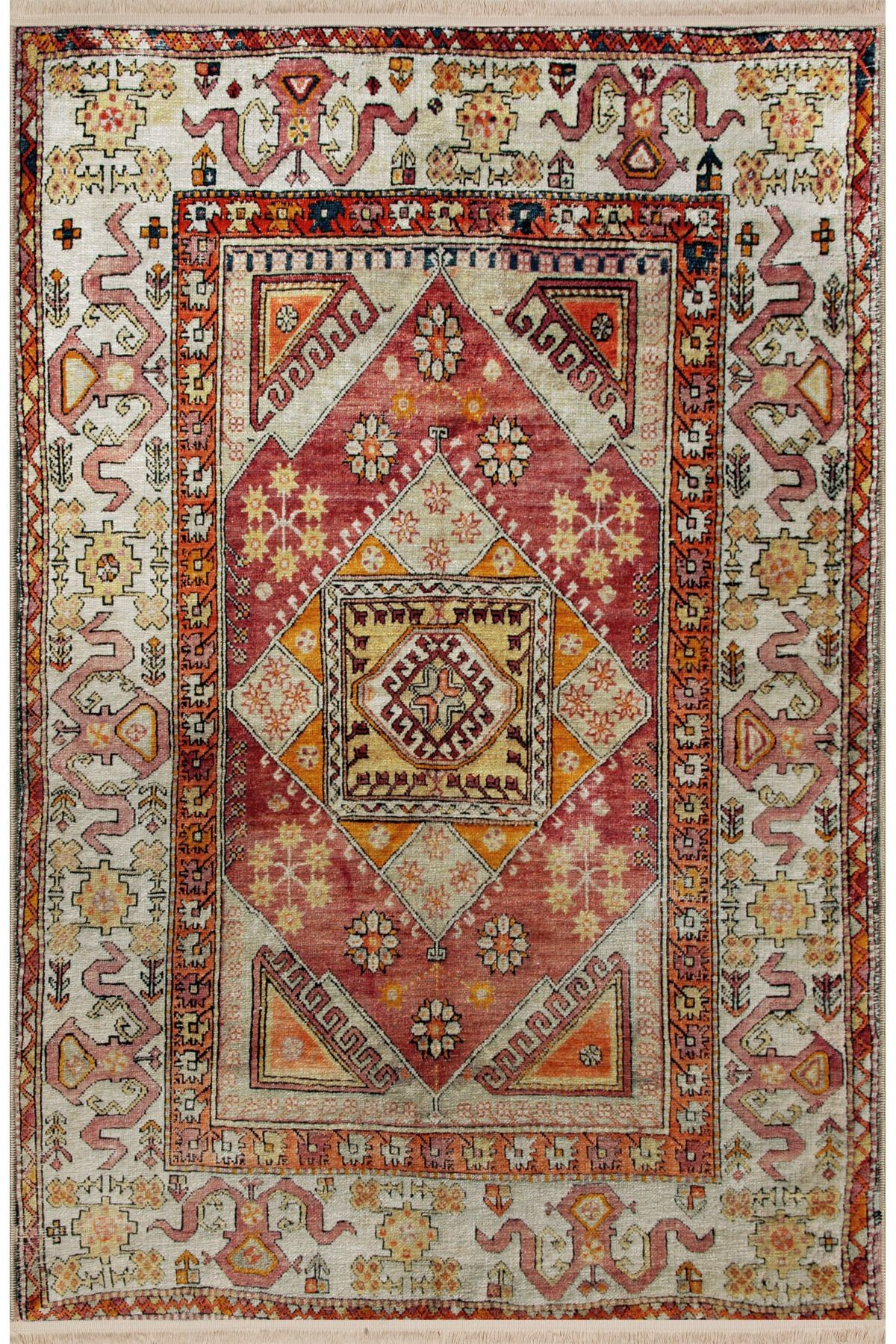 Sarı Bej Temalı Geleneksel Motif Etnik Çiçek Desenli Vintage Dekoratif Halı 2451