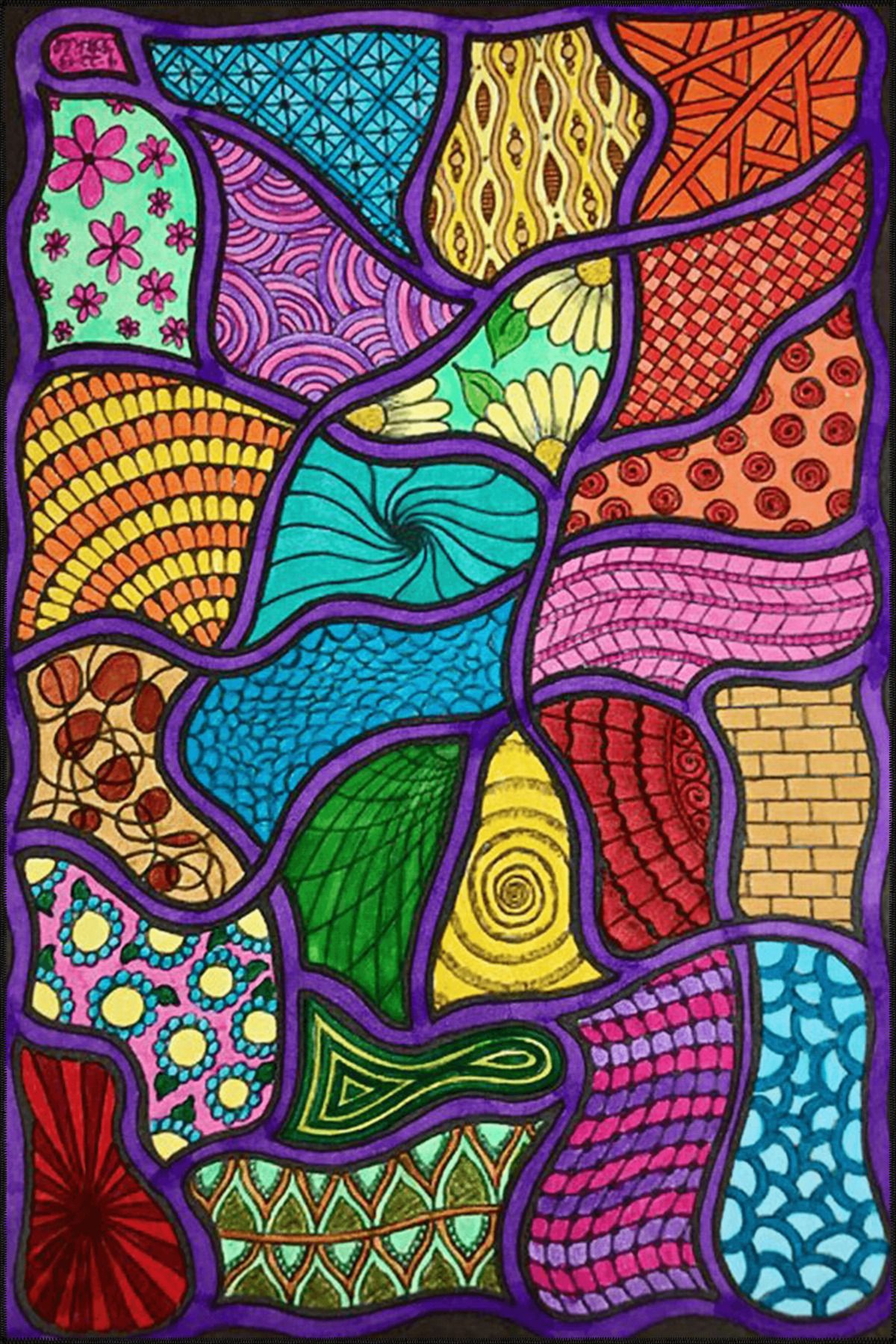 Mor Temalı Çok Renkli Soyut Figür Desenli Kreatif Modern Dekoratif Halı 3859