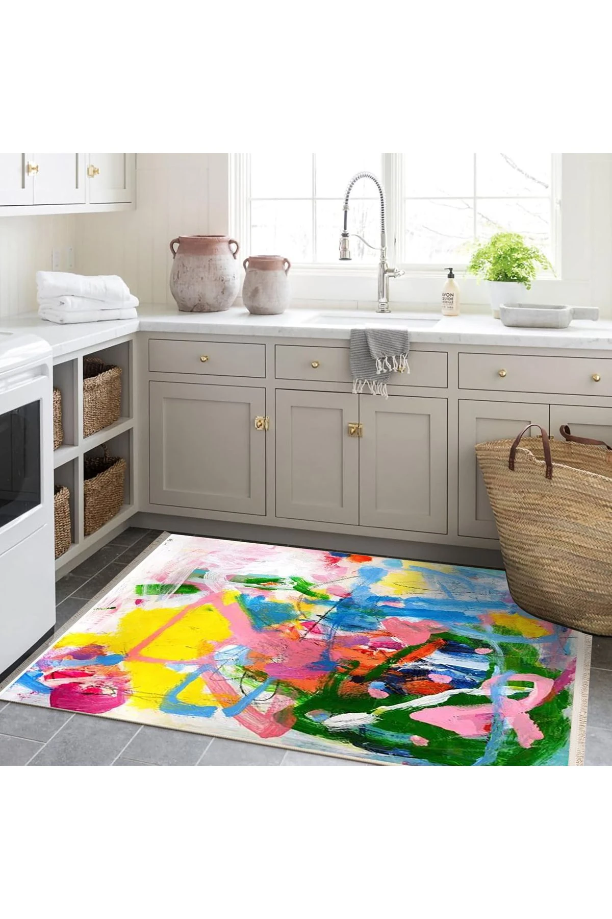 Özge Koleksiyonu Yağlı Boya Görünümlü Çok Renkli Soyut Desenli Dokuma Taban Dekoratif Halı özge18