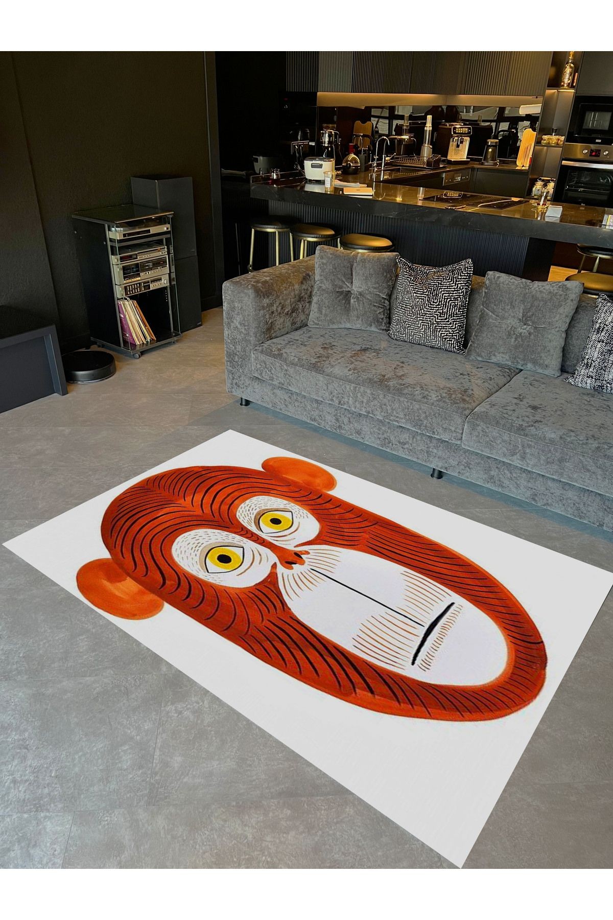 Kemal Koleksiyonu Kırmızı Temalı Maymun Yüzü Desenli Dokuma Taban Modern Dekoratif Halı 33