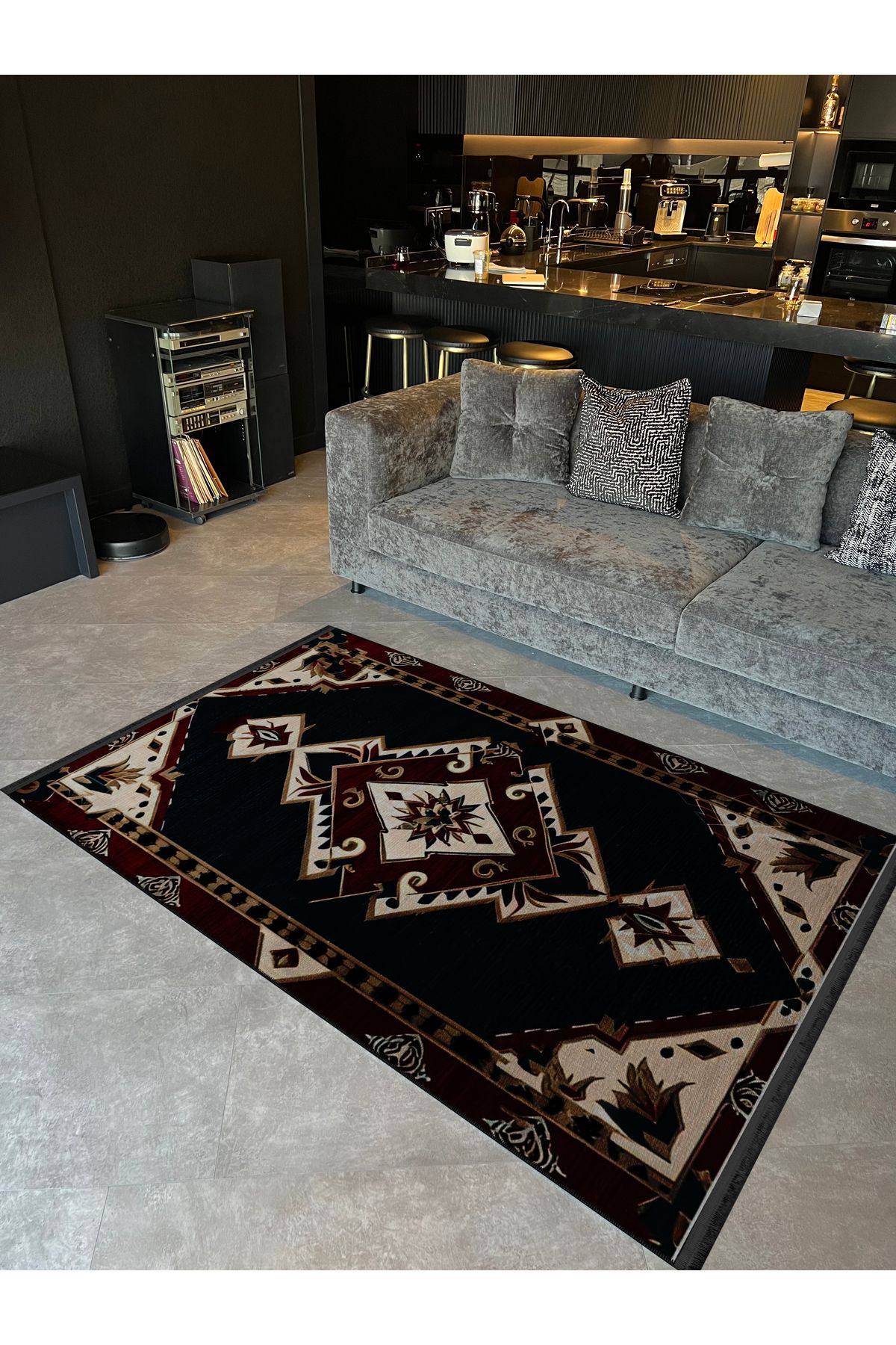 Koyu Yeşil Antik Tasarım Serisi Bordo Desenli Vintage Dekoratif Halı antik37