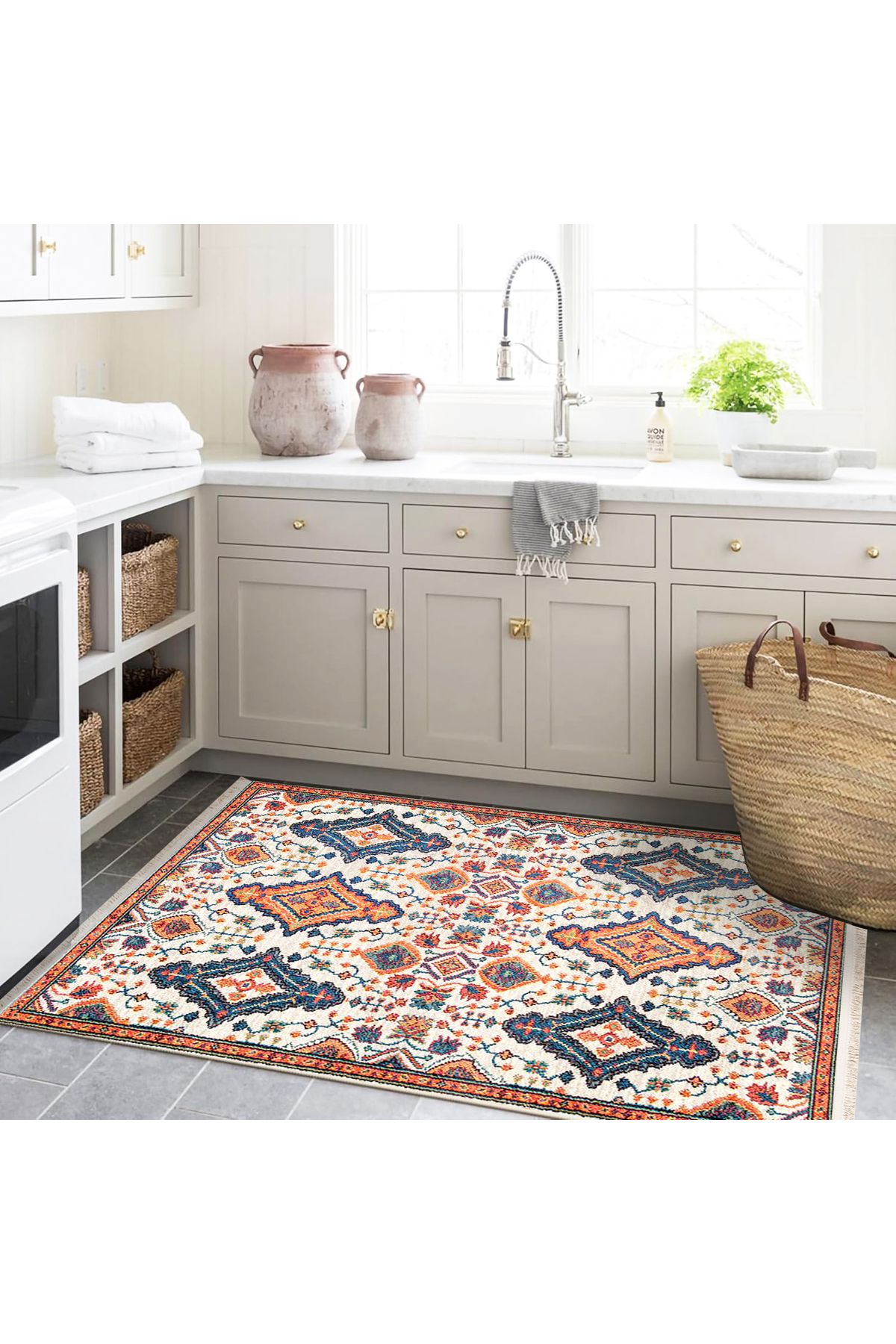 Asya Koleksiyonu Turuncu Lacivert Etnik Desenli Dokuma Taban Modern Dekoratif Halı asya31