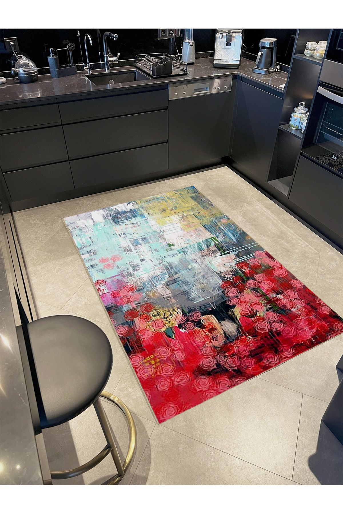 Seda Koleksiyonu Soyut Şekiller ve Güller Desenli Dokuma Taban Modern Dekoratif Halı seda46