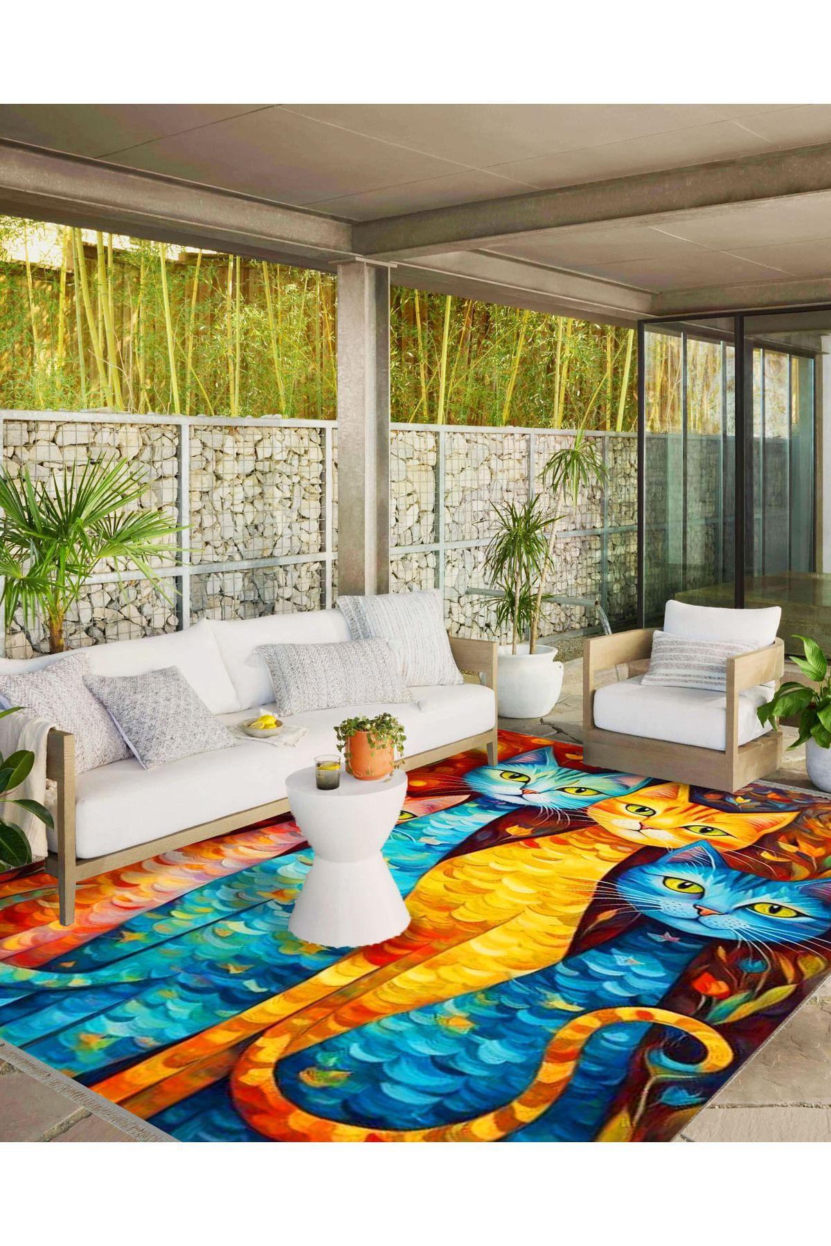 İnci Koleksiyonu Çok Renkli Soyut Kediler Desenli Dokuma Taban Modern Dekoratif Halı inci07