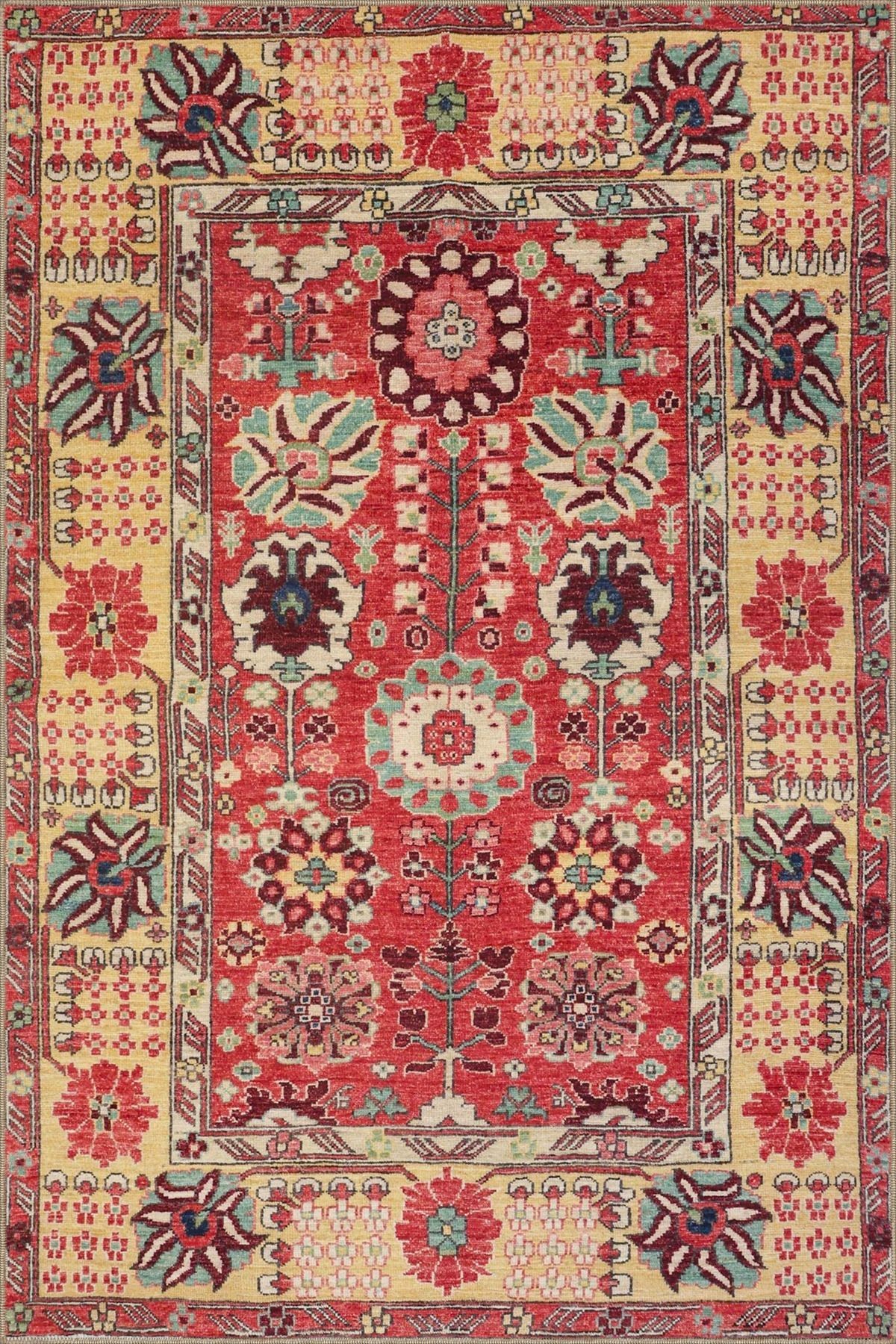 Kırmızı Botanik Temalı Desenli Dokuma Taban Halı ve Yıkanabilir Halı aloha49