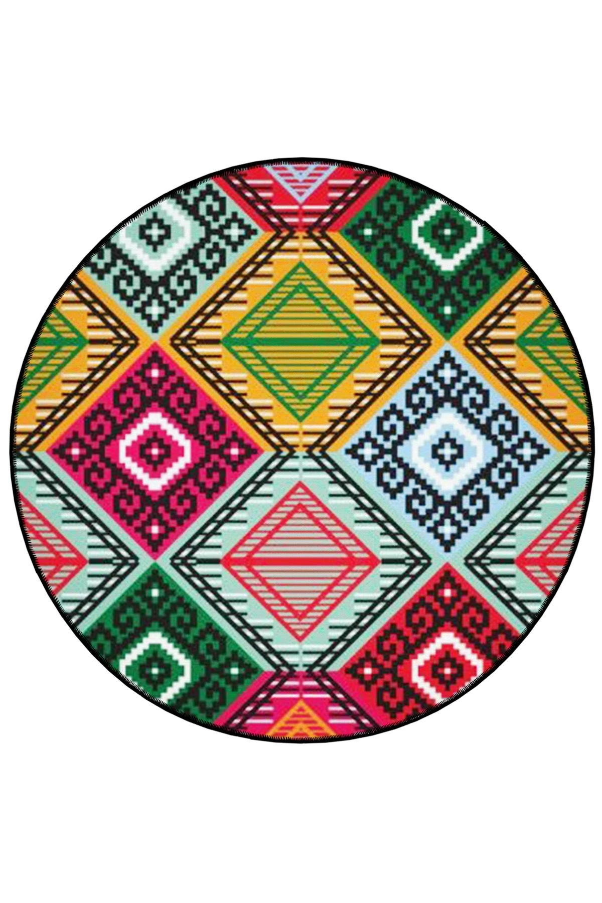 Mira Yuvarlak Çok Renkli Siyah Şekiller Detaylı Dokuma Taban Modern Dekoratif Halı 5618