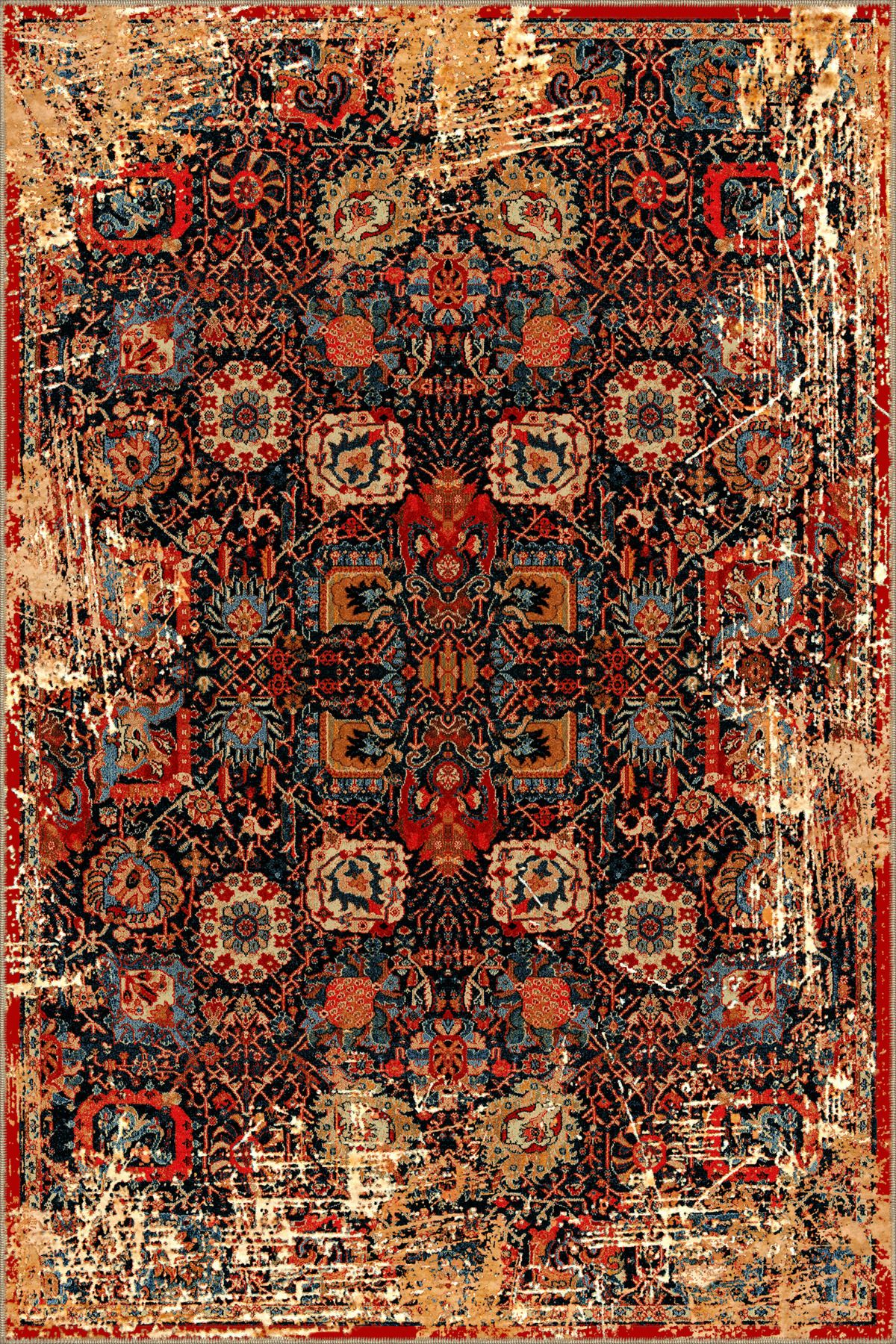 Turuncu ve Karışık Renkli Çiçekli Floral Geometrik Modern Dekoratif Halı miravip206