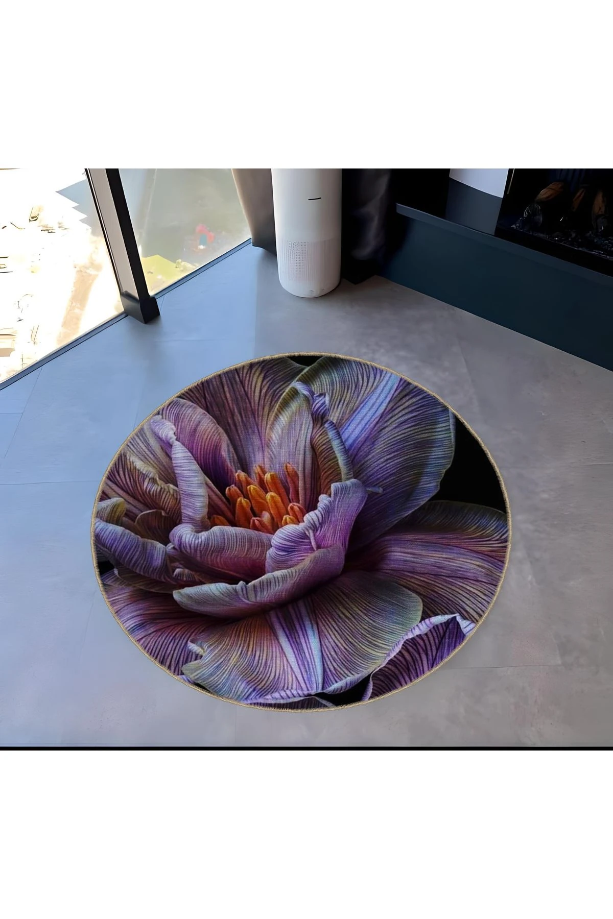 Mira Yuvarlak Mor Çiçek Dokuma Taban Modern Dekoratif Halı 5533