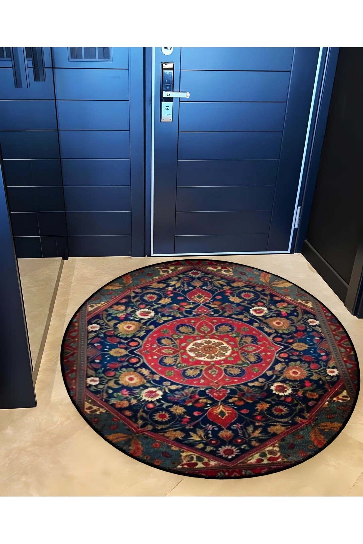 Lacivert Bordo Temalı Geleneksel Desenli Yuvarlak Dokuma Taban Vintage Dekoratif Halı 6214