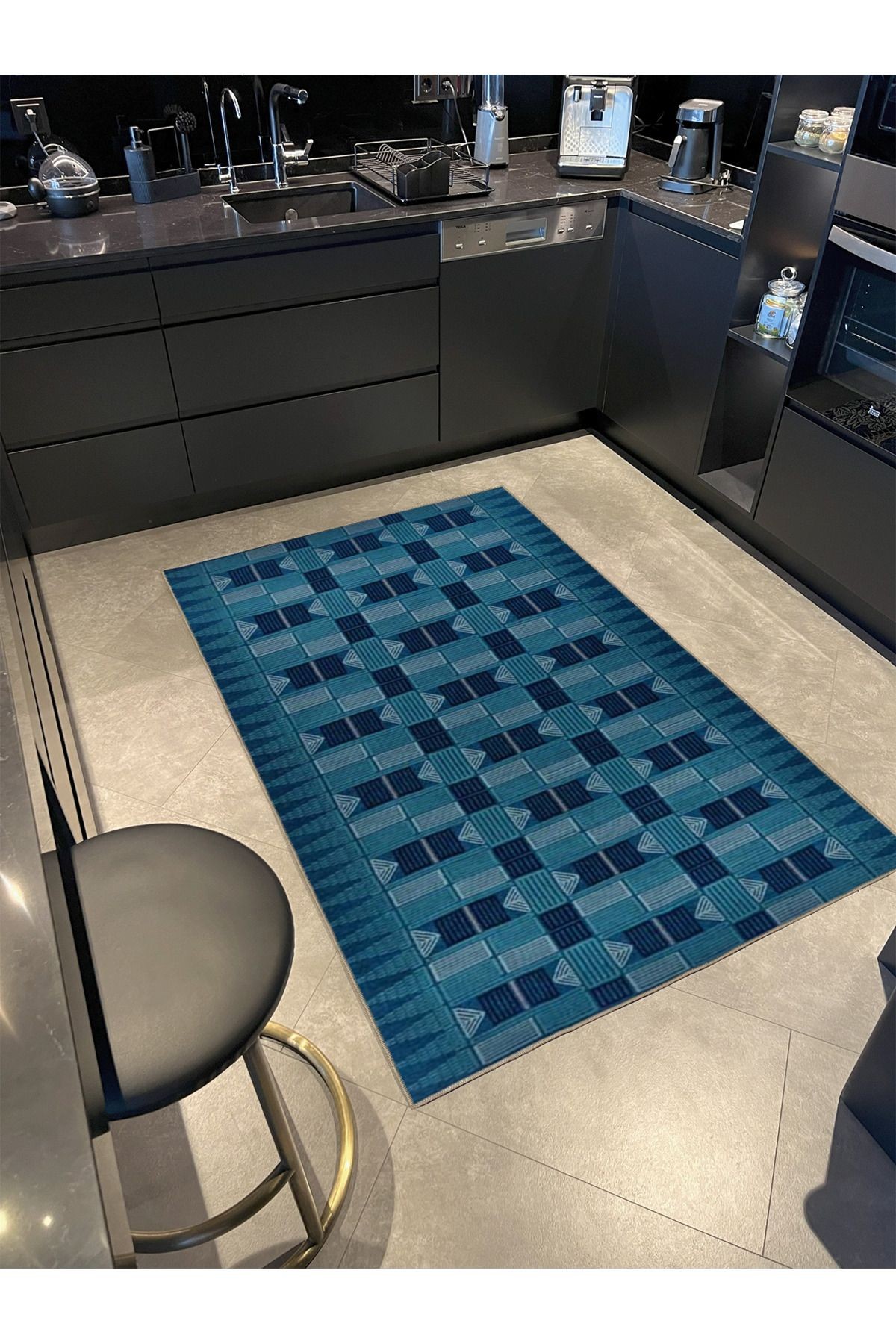 Kapalı Mavi Geometrik Kreatif  Dokuma Taban Halı 4187