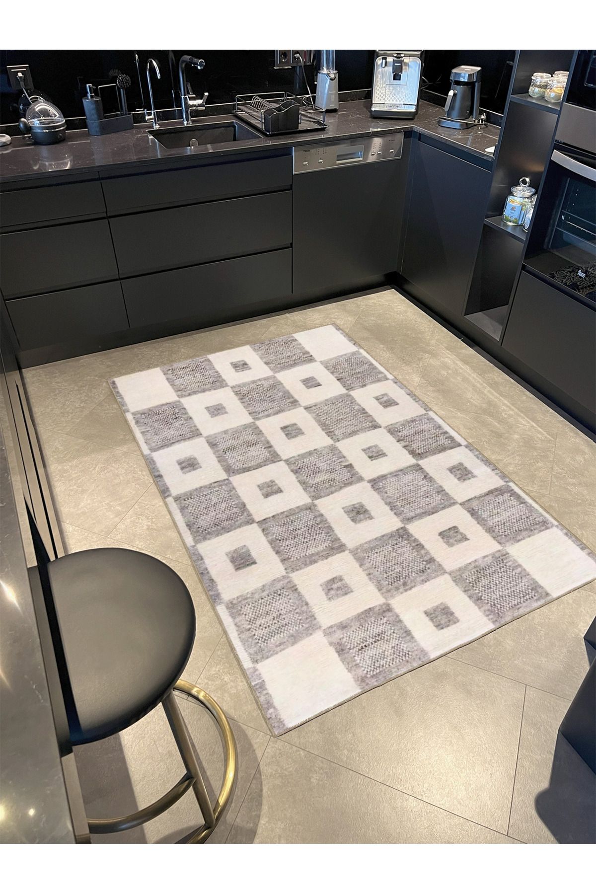 Kareli Gri Krem Renkli Geometrik Çizgli Motifli Modern Dekoratif Halı miravip1020