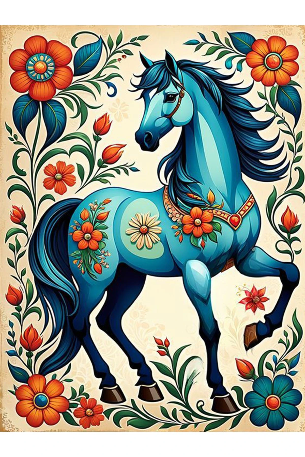 Özge Koleksiyonu Turuncu Çiçek Detaylı Mavi At Desenli Dokuma Taban Modern Dekoratif Halı özge10