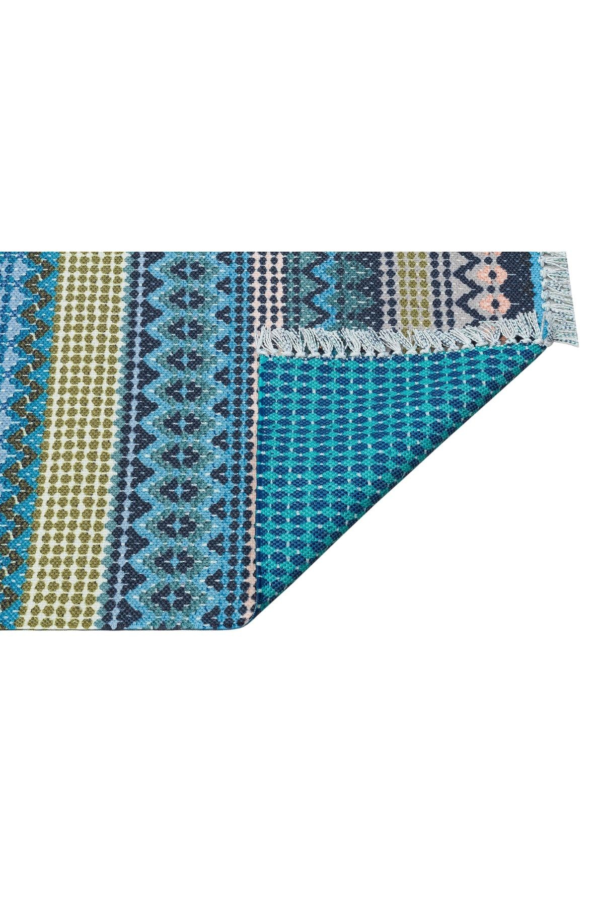 Cotton 548 Turkuaz Ve Haki Çok Renkli Dokuma Taban Kilim