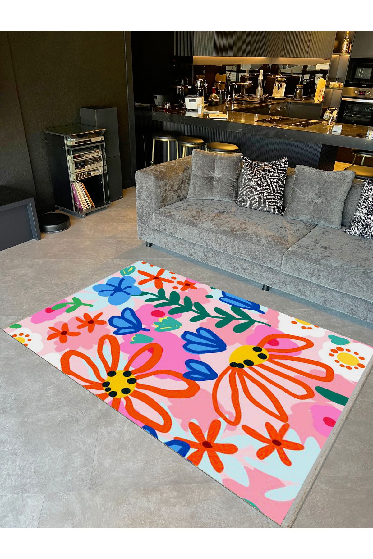 Özge Koleksiyonu Çok Renkli Çiçekler ve Yapraklar Desenli Dokuma Taban Modern Dekoratif Halı özge38