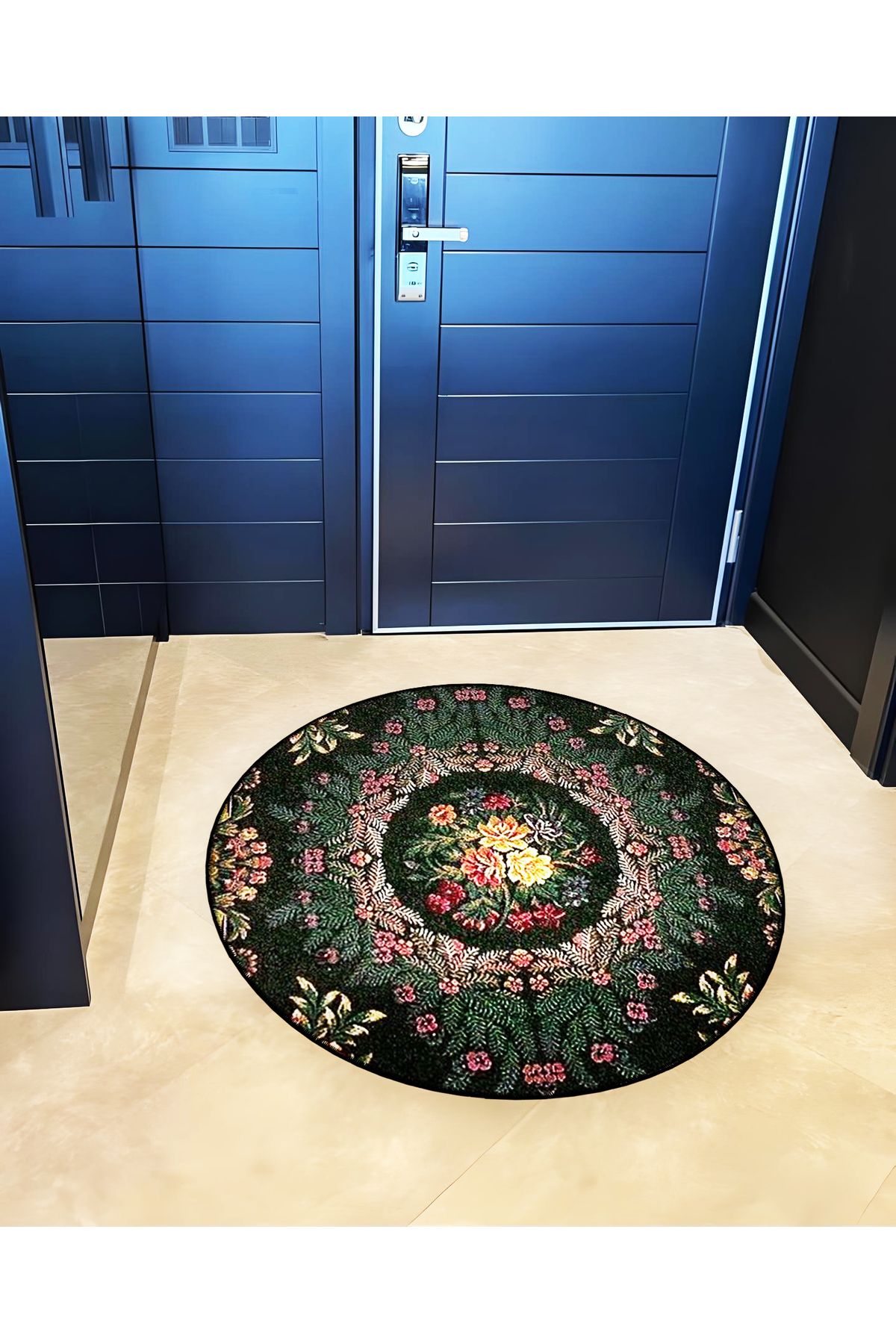 Koyu Yeşil ve Siyah Tema Çiçek ve Motif Desenli Yuvarlak Dokuma Taban Vintage Dekoratif Halı 6198