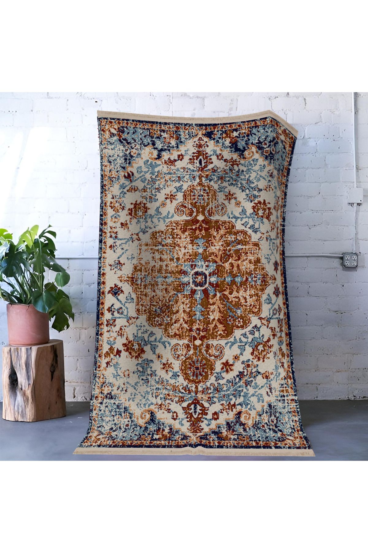 Mira Mavi Sarı Temalı Geleneksel Motif Desenli Vintage Dekoratif Halı Mira 1575