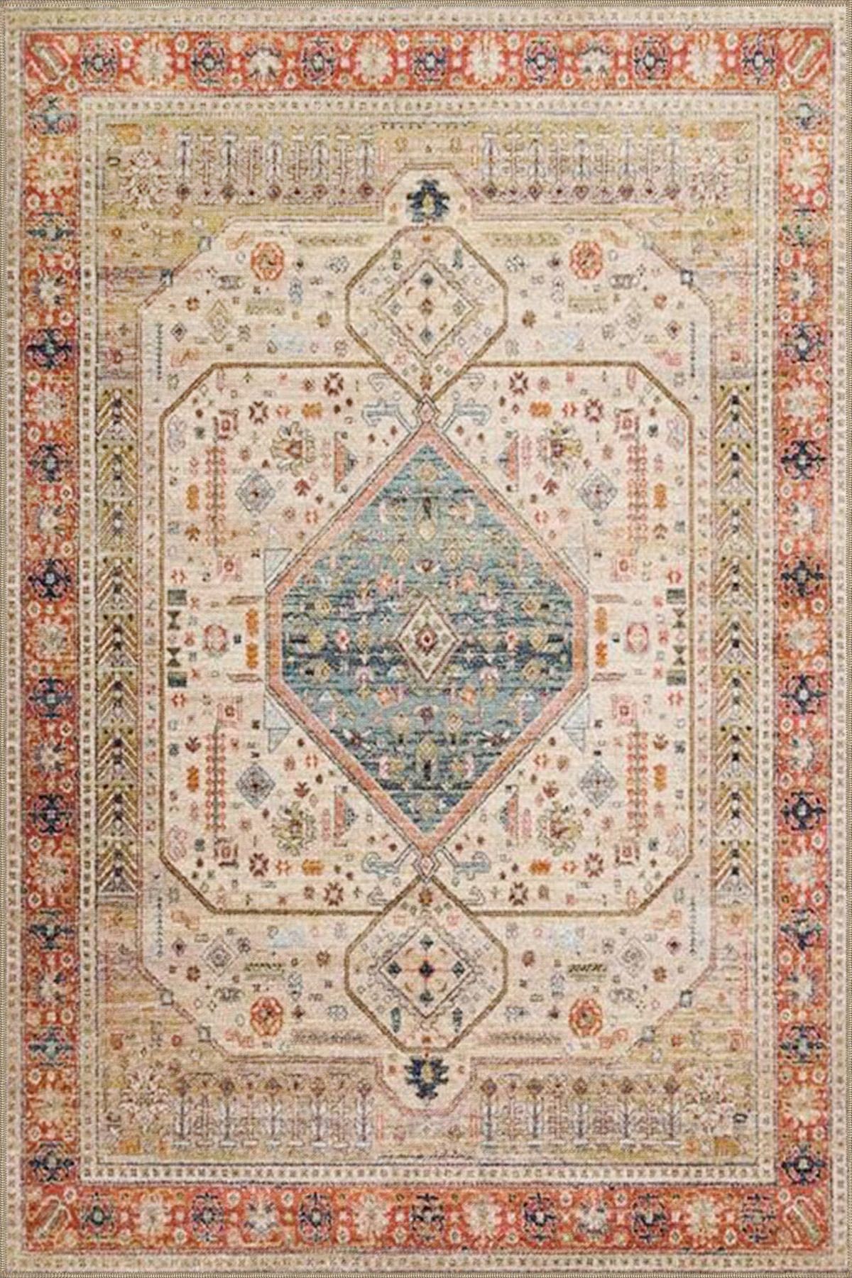 Bej Mavi Temalı Geleneksel Motif Etnik Desenli Vintage Dekoratif Halı 3961