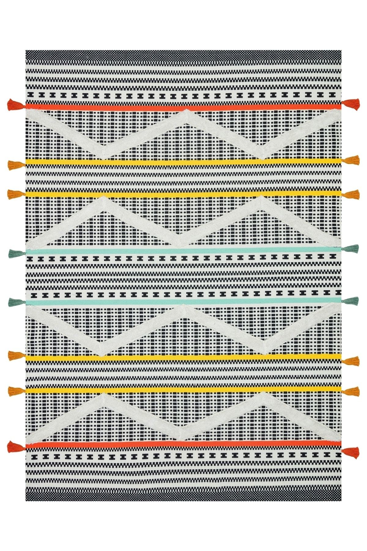 Rustik 4043 Kenarları Renkli Saçaklı Otantik Ve Etnik Desen Kilim